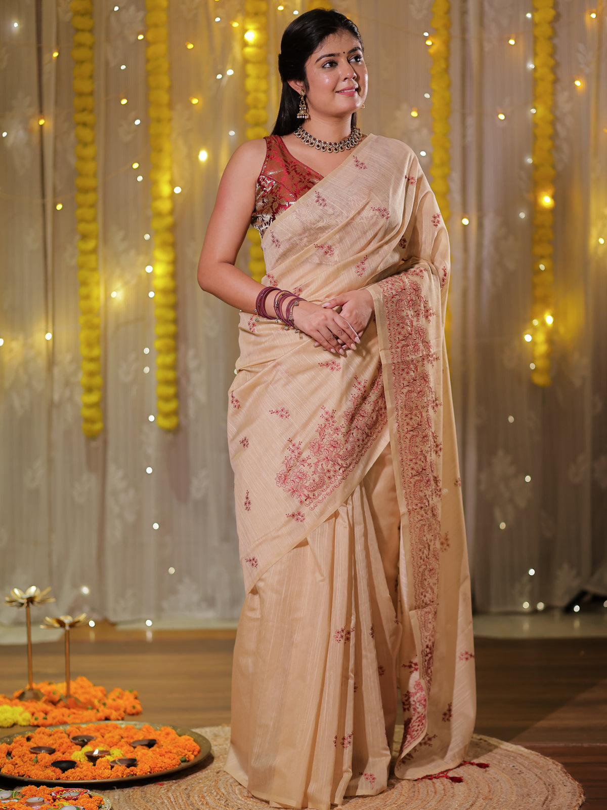 Cotton Saree with embroidery - Beige
