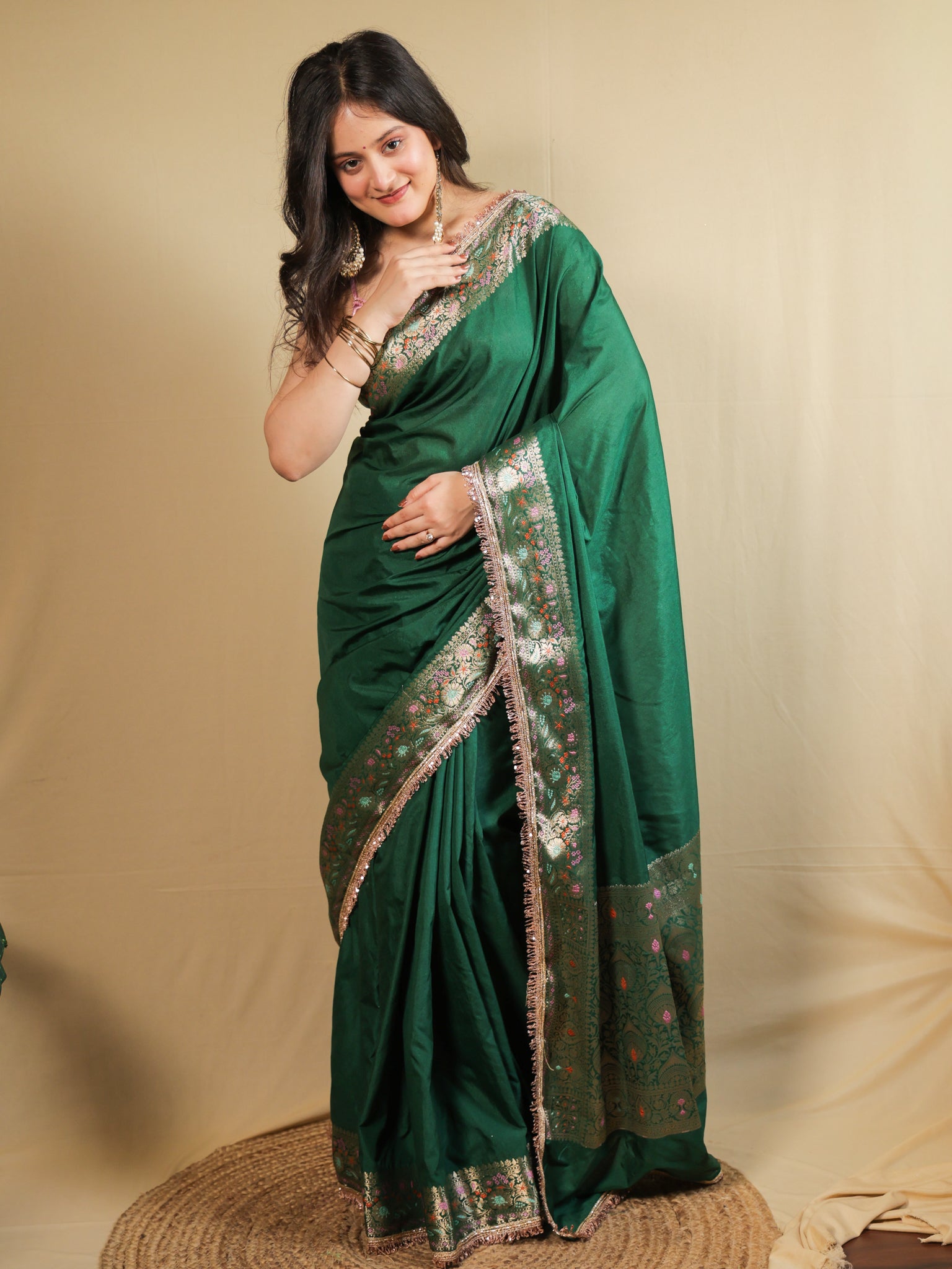 Banarasi Plain Semi Silk Saree With Lace Border - Green