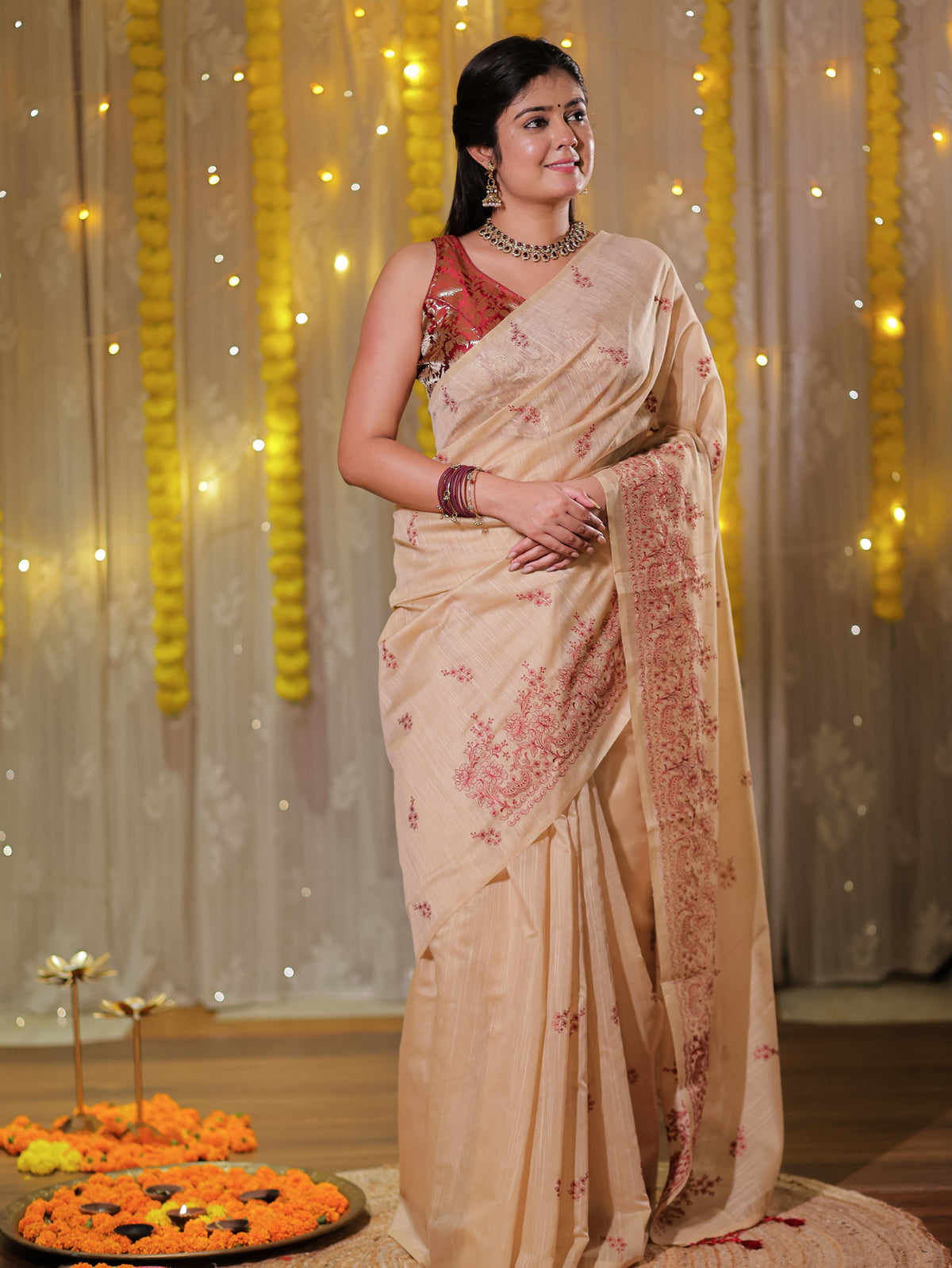 Cotton Saree with embroidery - Beige