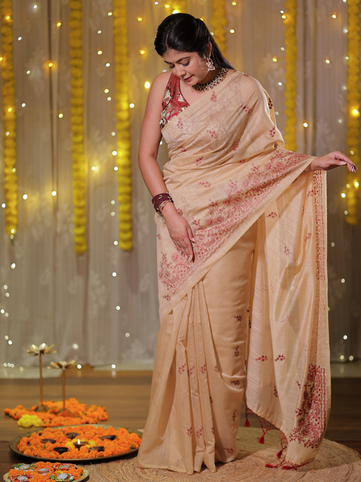 Cotton Saree with embroidery - Beige