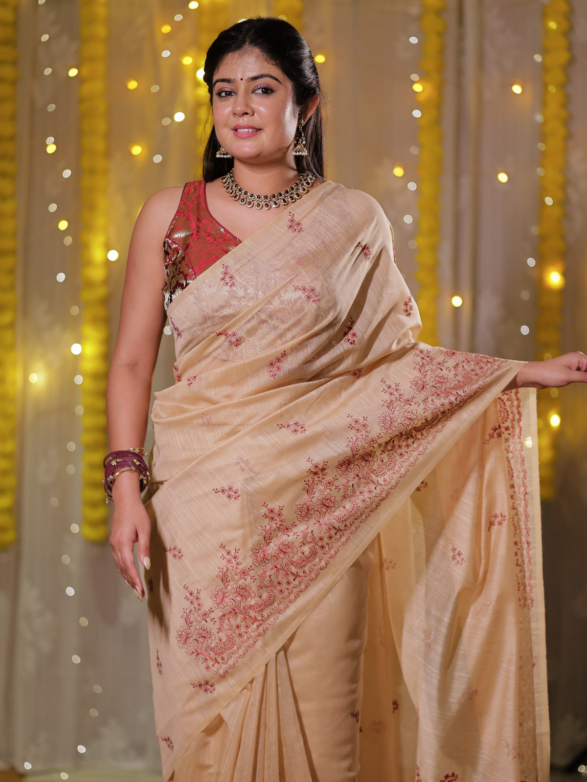 Cotton Saree with embroidery - Beige