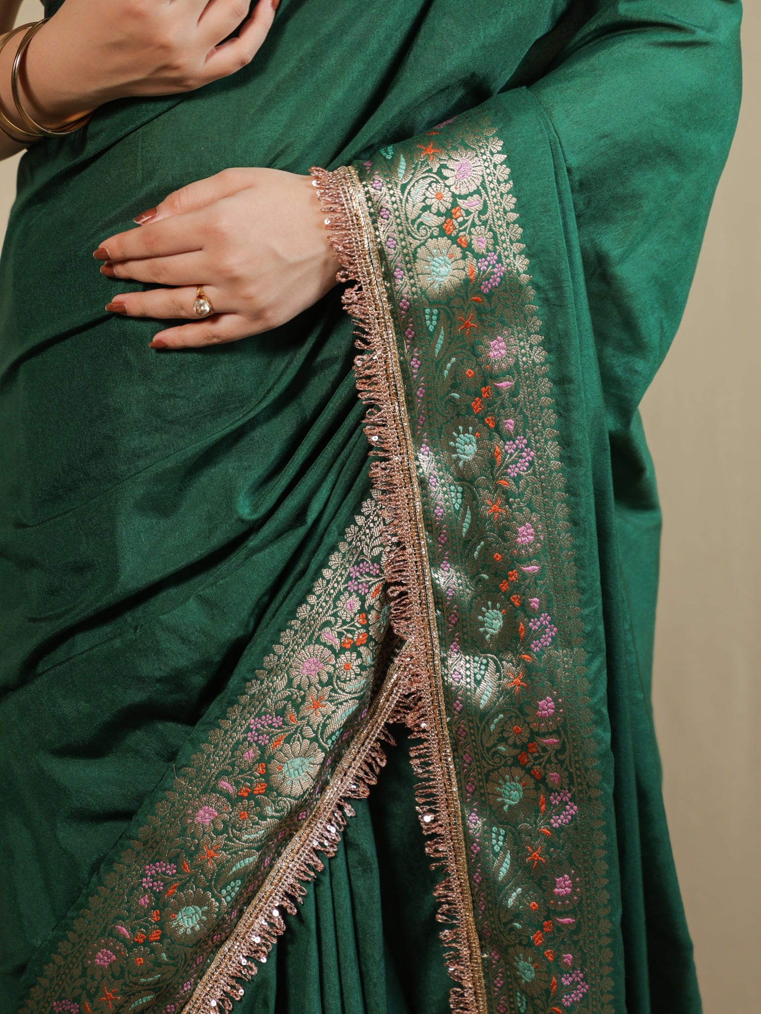 Banarasi Plain Semi Silk Saree With Lace Border - Green