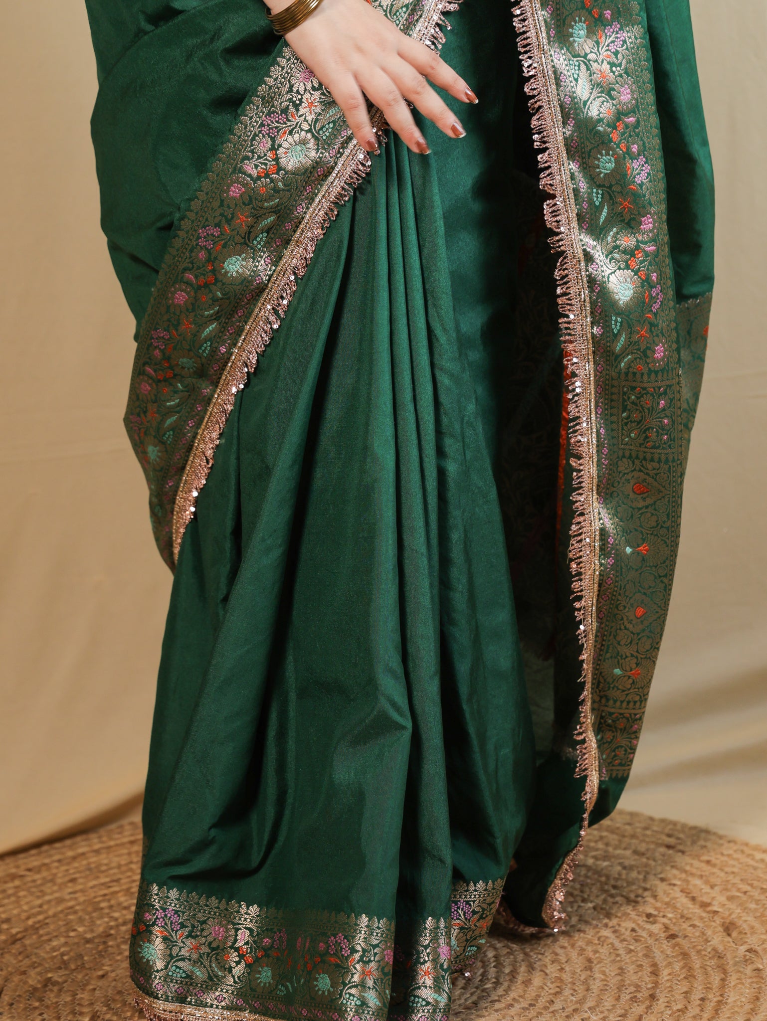 Banarasi Plain Semi Silk Saree With Lace Border - Green