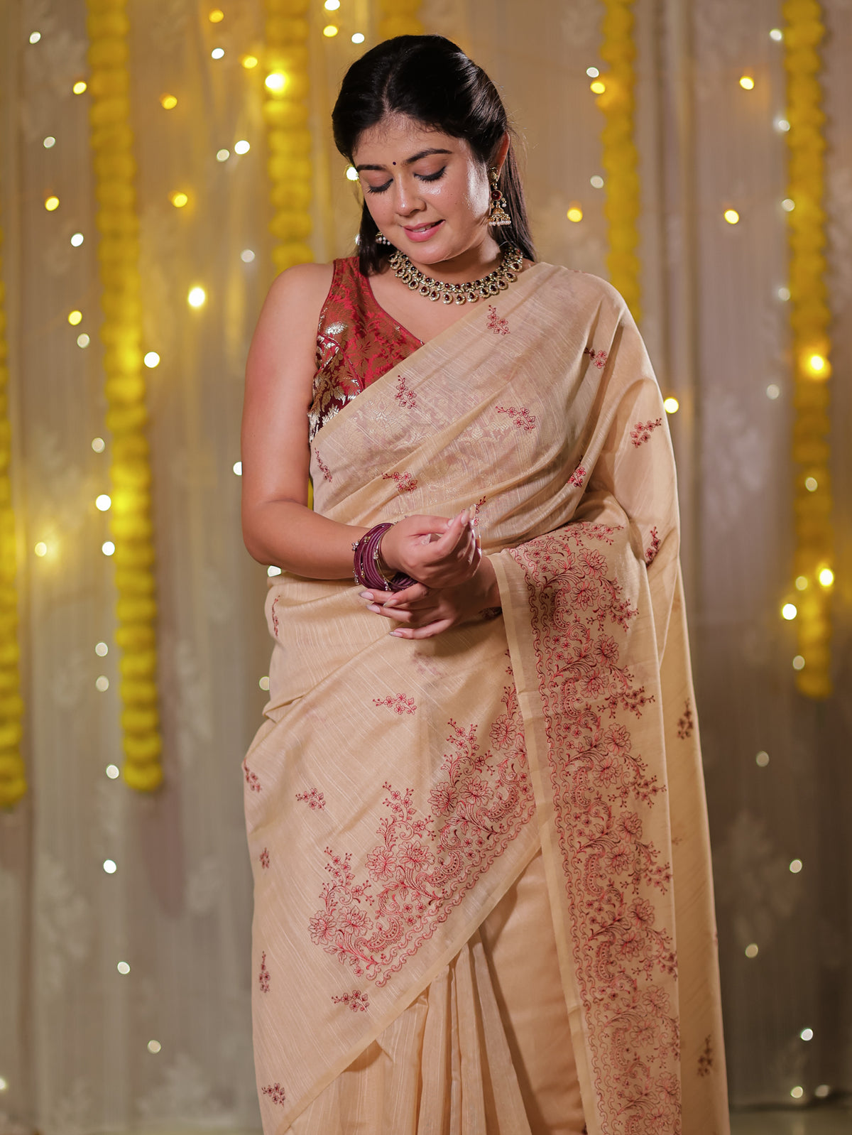 Cotton Saree with embroidery - Beige