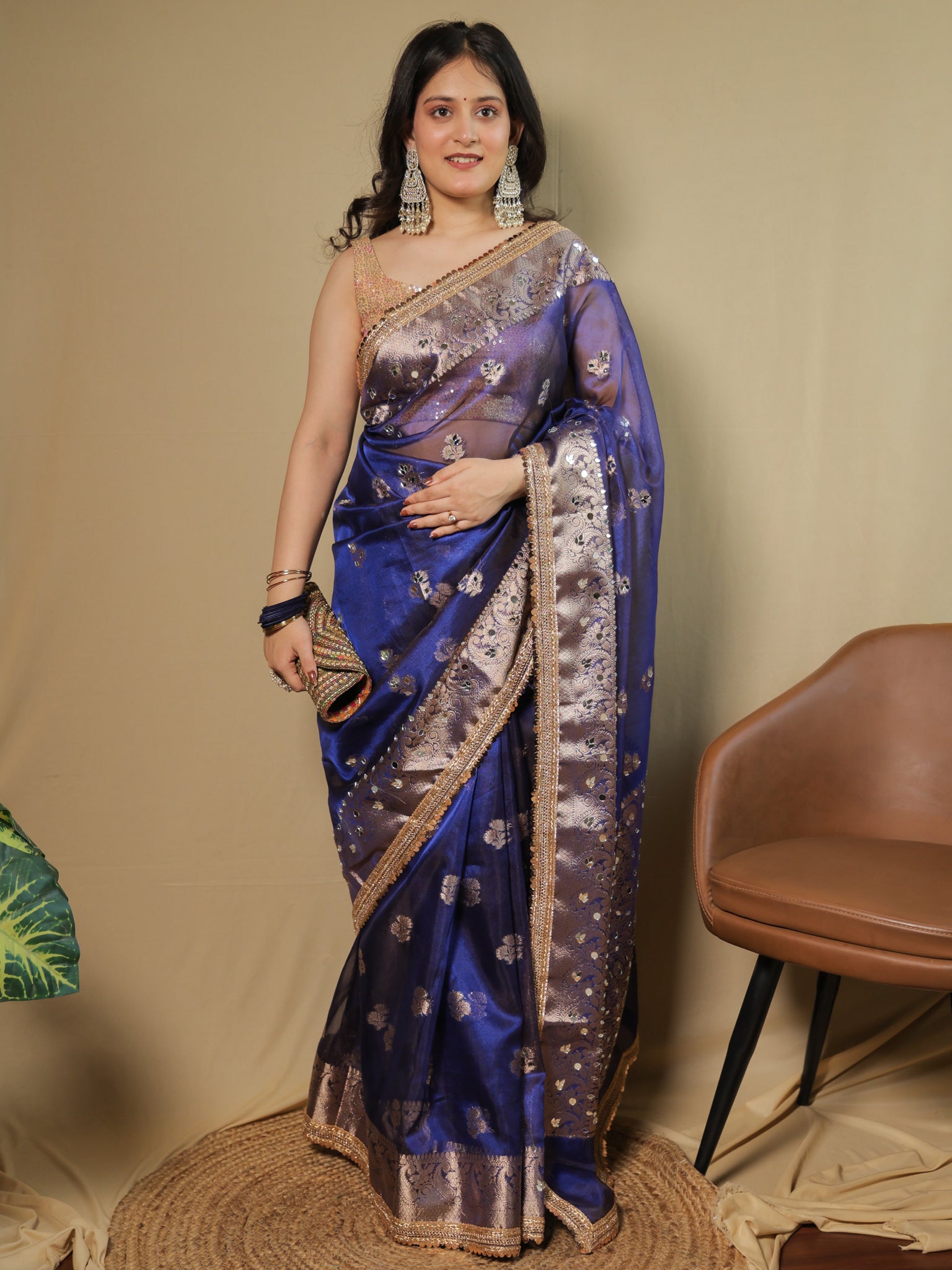 Banarasi Tissue Saree With Mirror Work & Lace Border- Navy Blue