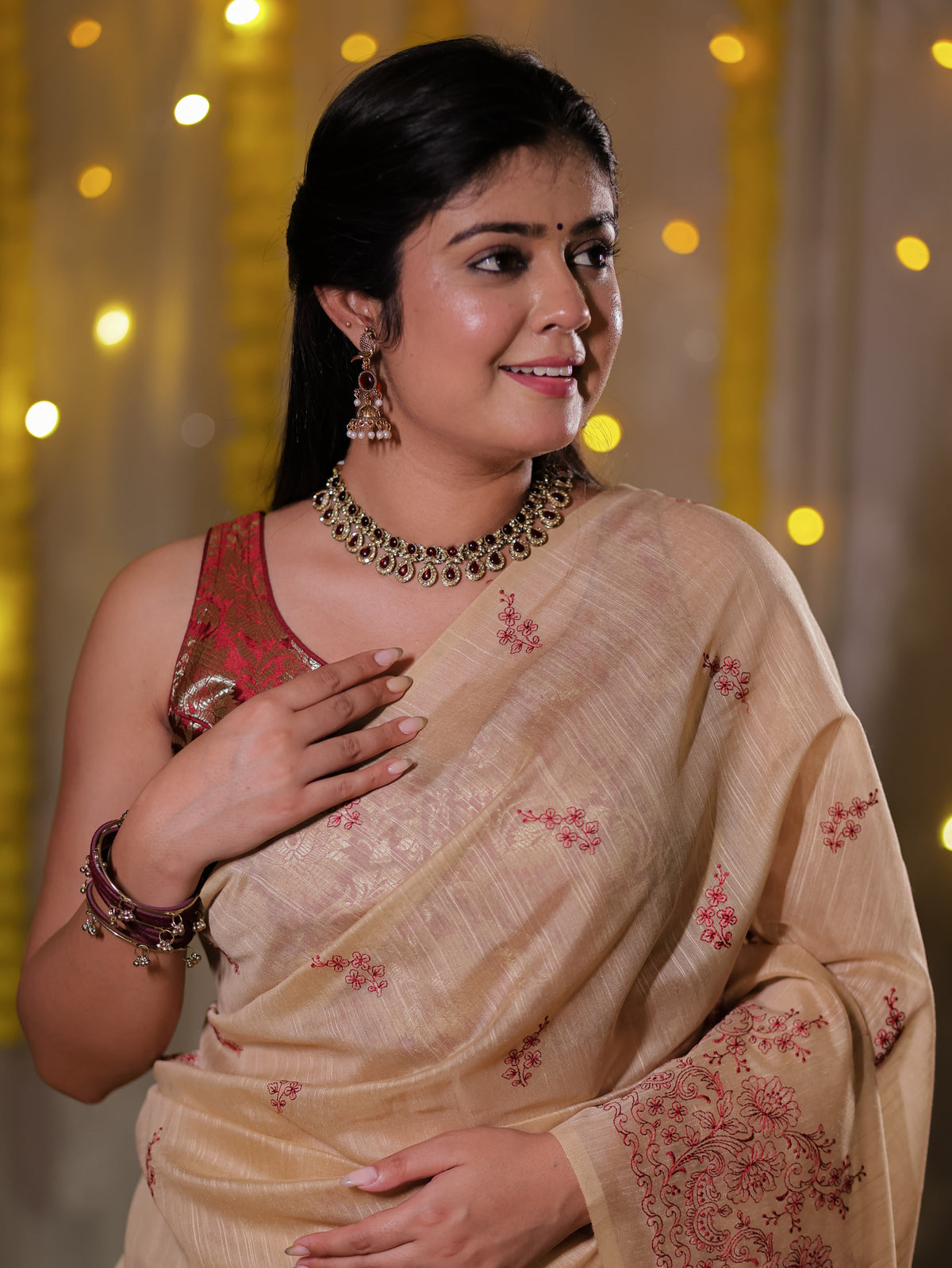Cotton Saree with embroidery - Beige