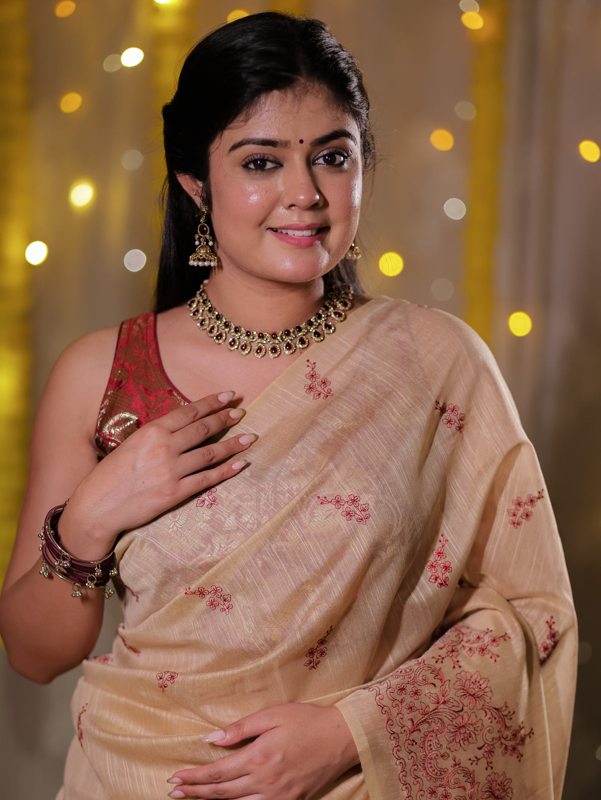 Cotton Saree with embroidery - Beige