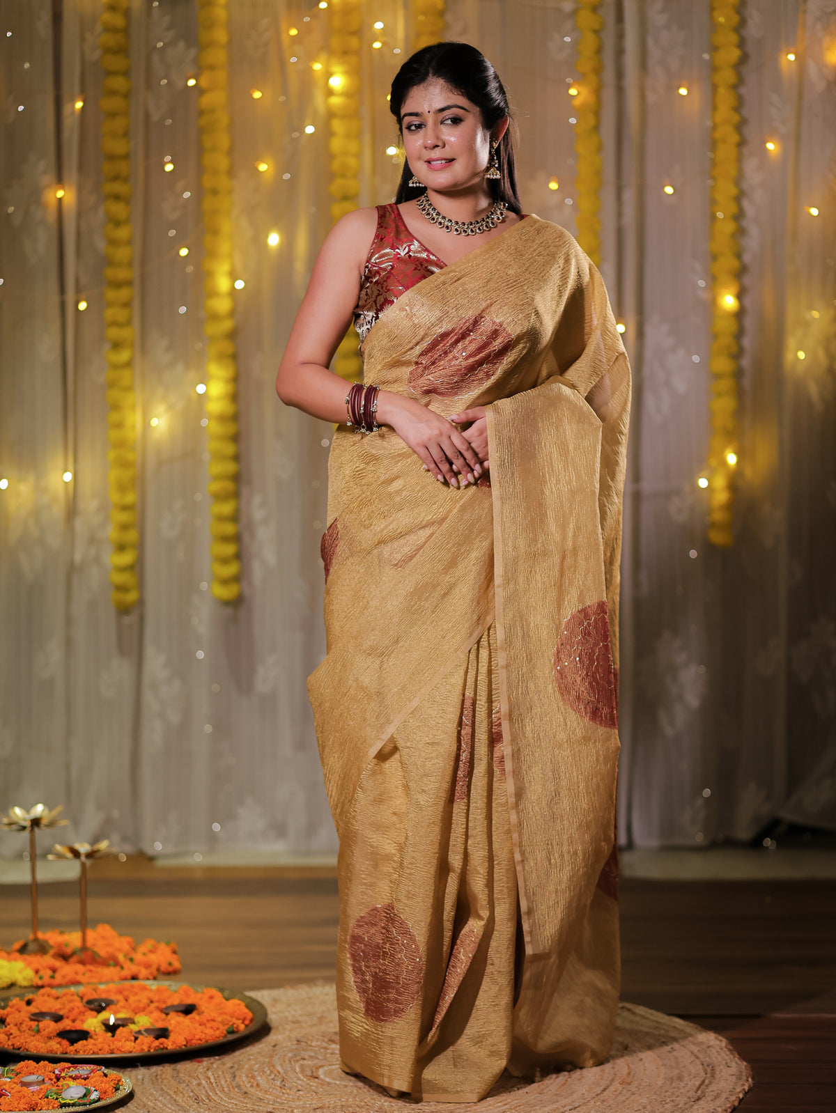 Banarasi Crushed Tissue Saree - Gold