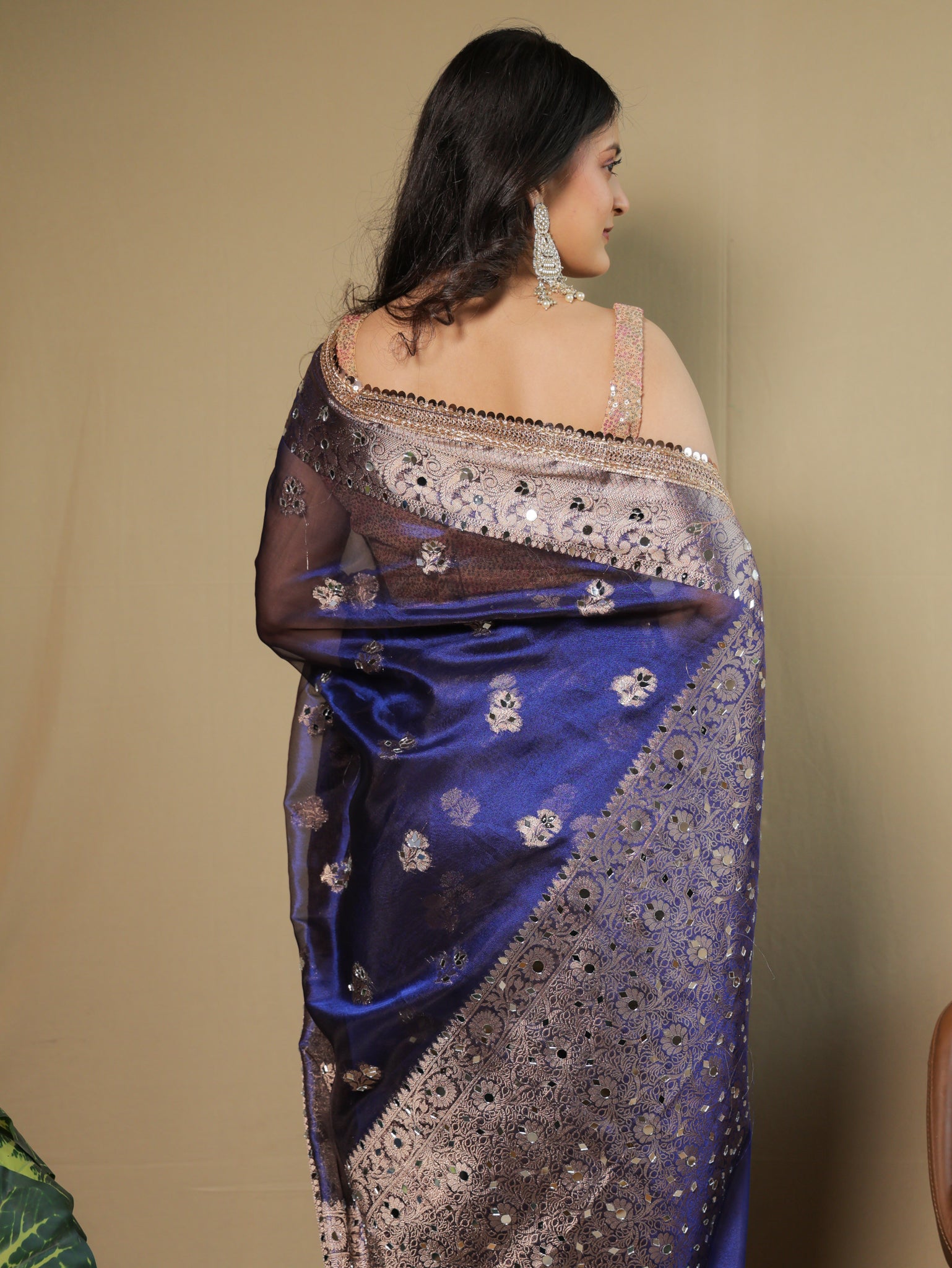 Banarasi Tissue Saree With Mirror Work & Lace Border- Navy Blue