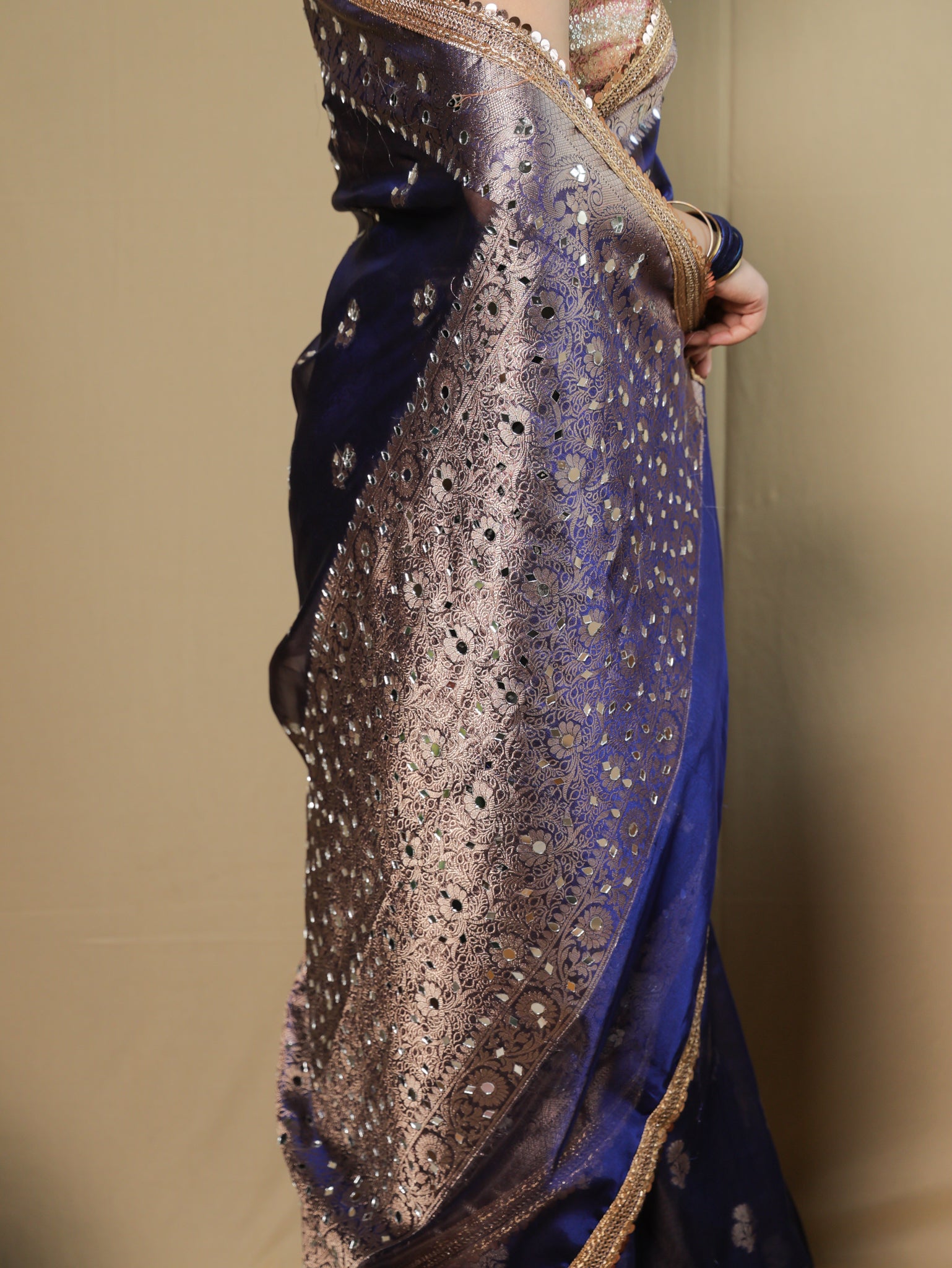 Banarasi Tissue Saree With Mirror Work & Lace Border- Navy Blue