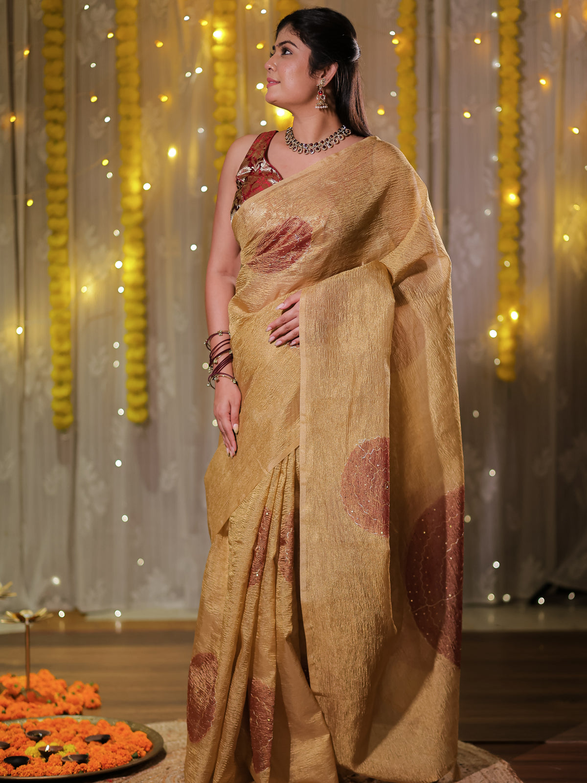 Banarasi Crushed Tissue Saree - Gold