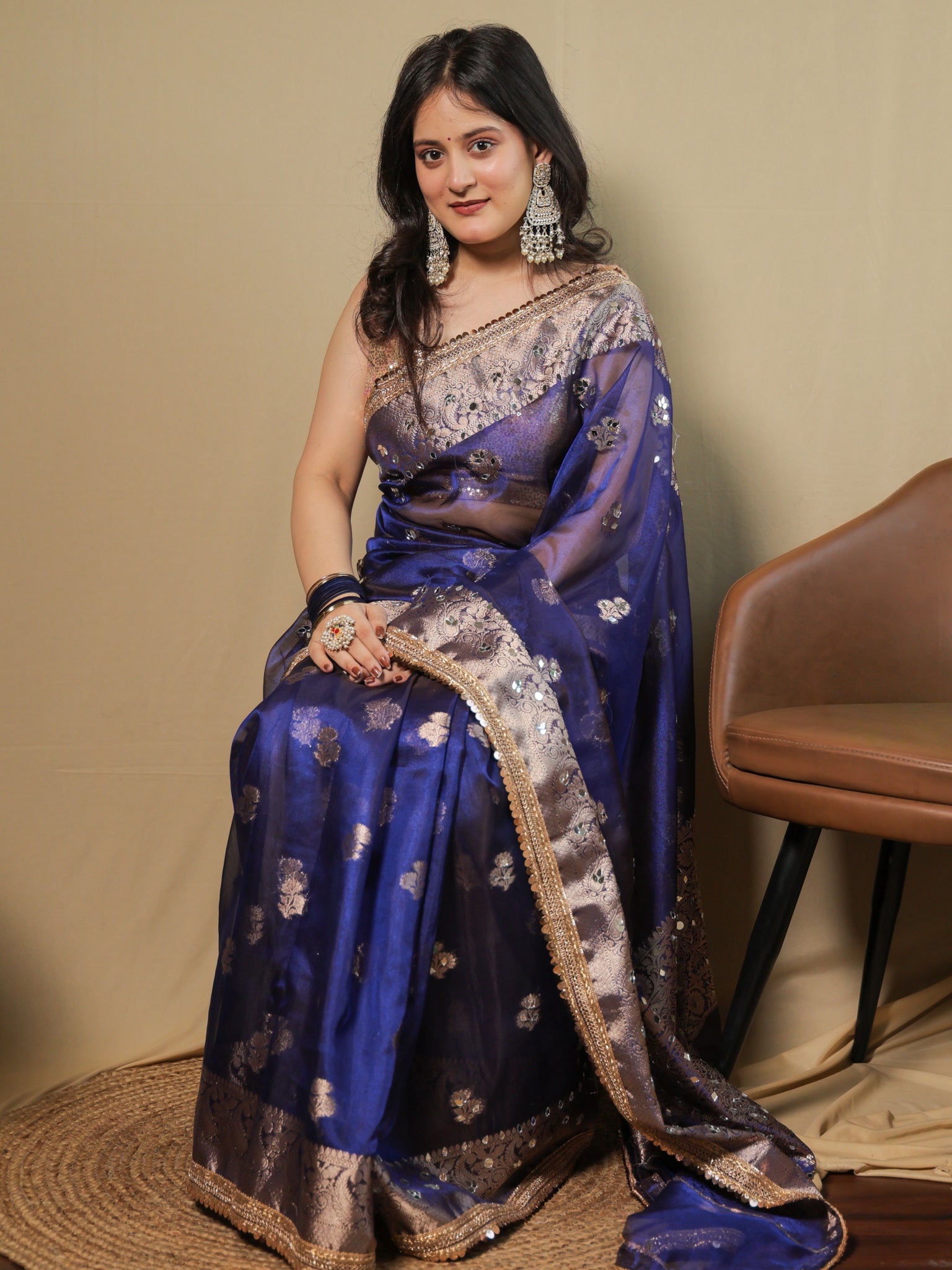Banarasi Tissue Saree With Mirror Work & Lace Border- Navy Blue