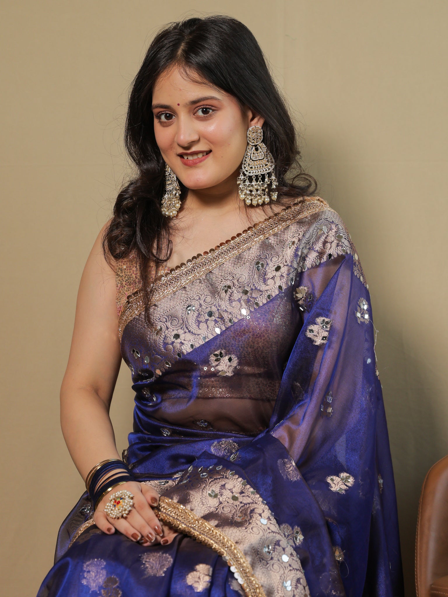 Banarasi Tissue Saree With Mirror Work & Lace Border- Navy Blue