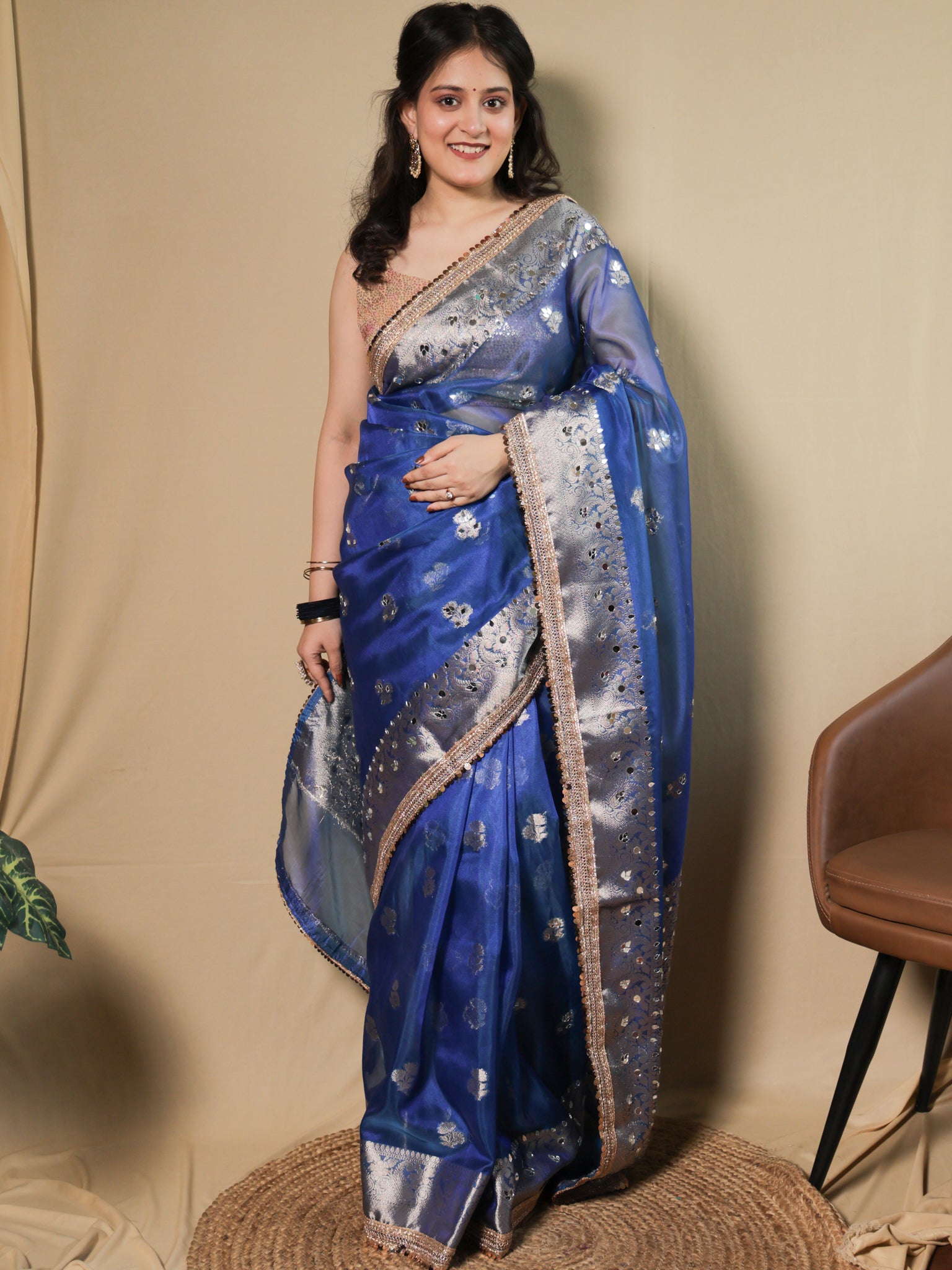 Banarasi Tissue Saree With Mirror Work & Lace Border- Blue