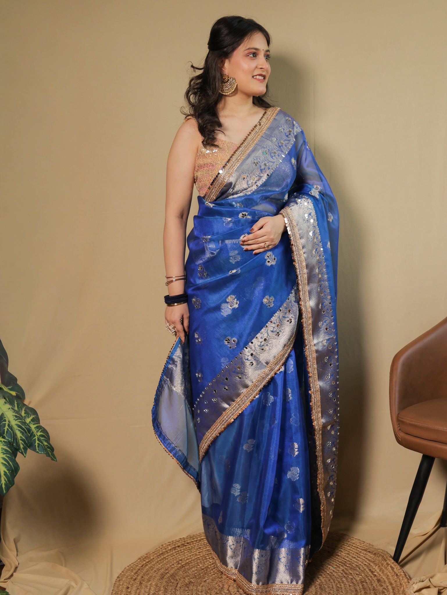 Banarasi Tissue Saree With Mirror Work & Lace Border- Blue