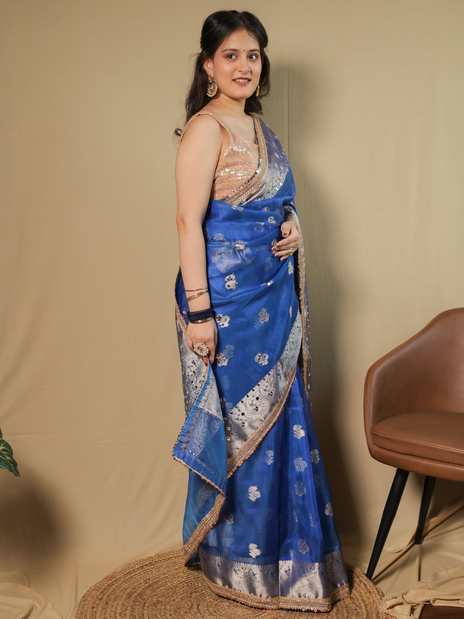 Banarasi Tissue Saree With Mirror Work & Lace Border- Blue