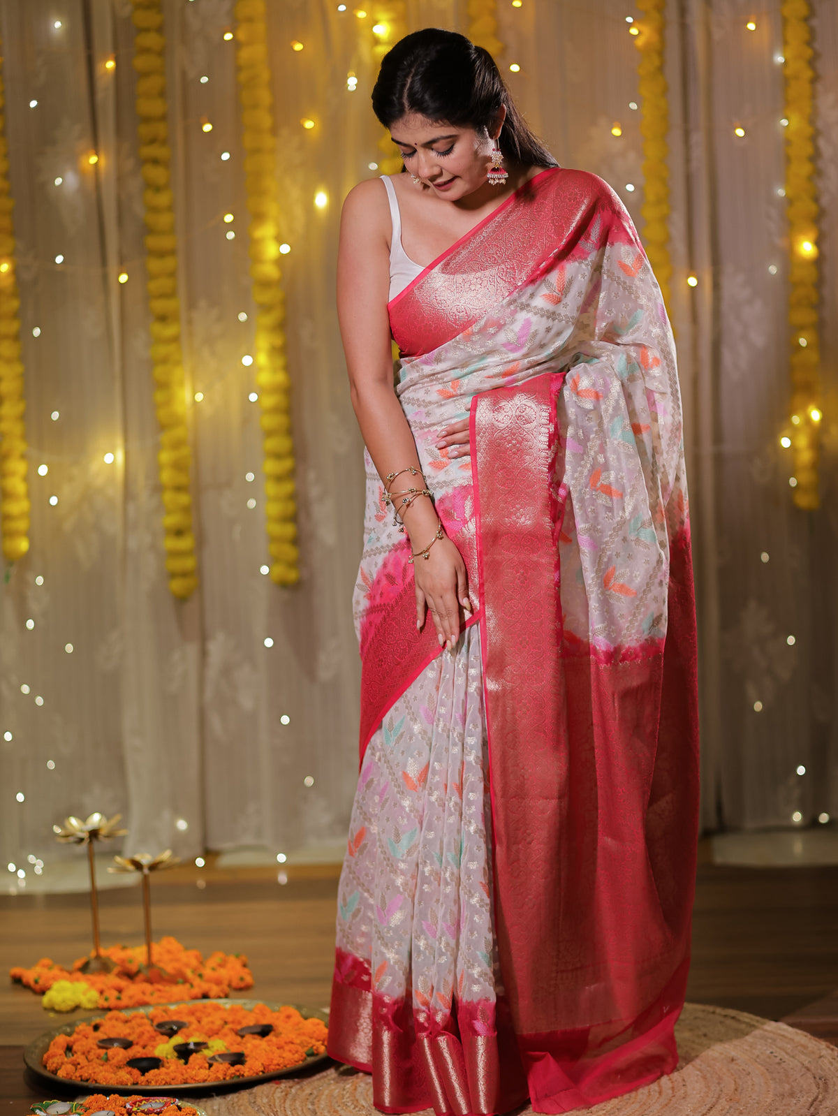 Banarasi Cotton Silk Saree with Zari Weaving & Contrast Border- White & Red