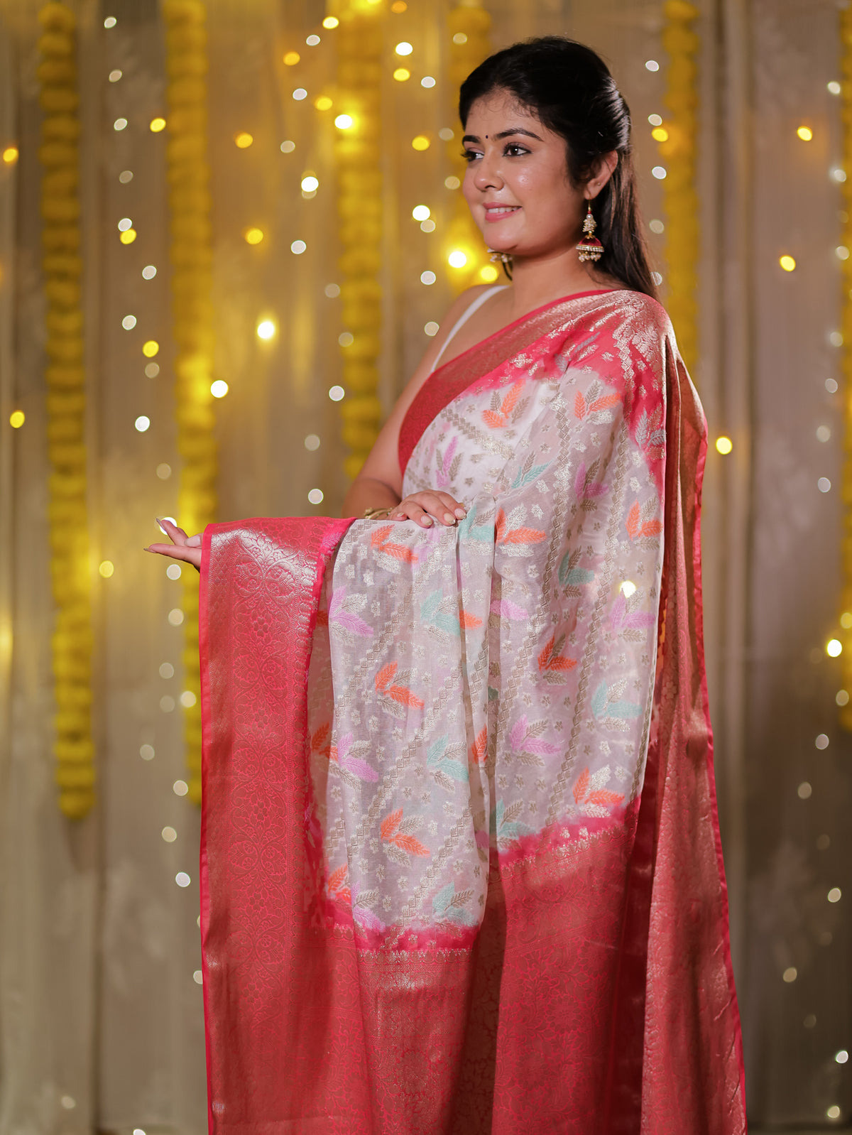 Banarasi Cotton Silk Saree with Zari Weaving & Contrast Border- White & Red