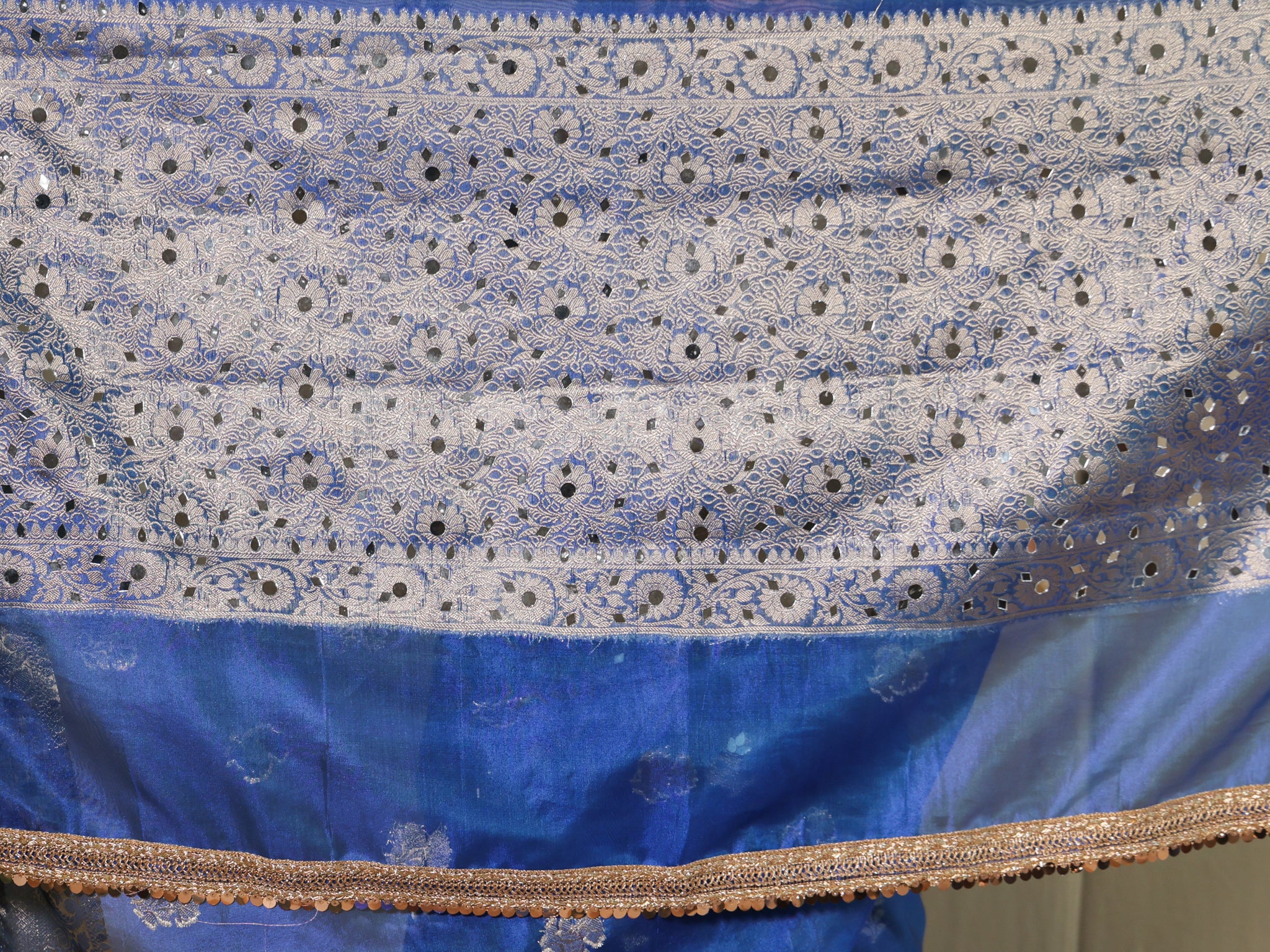 Banarasi Tissue Saree With Mirror Work & Lace Border- Blue