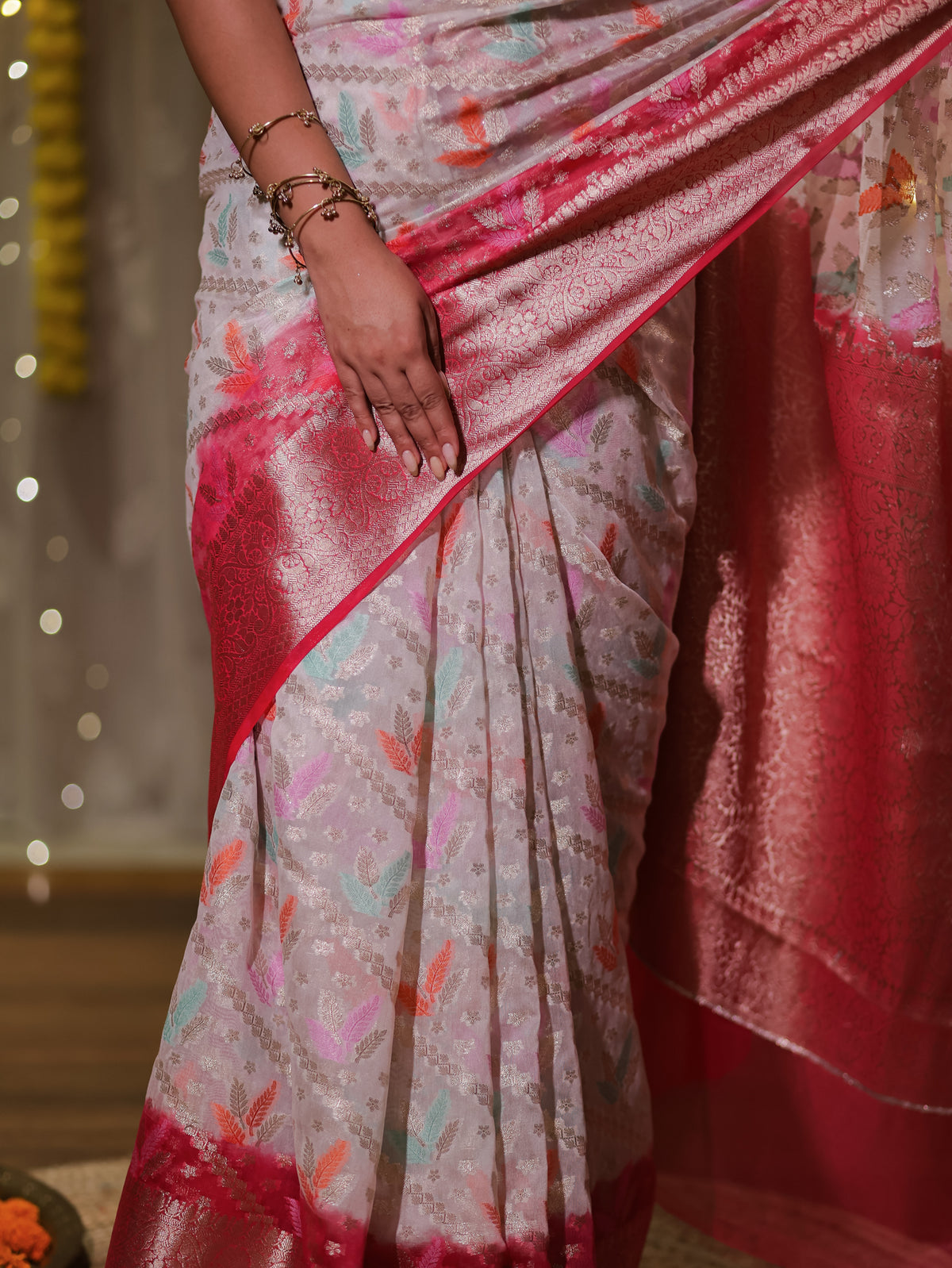 Banarasi Cotton Silk Saree with Zari Weaving & Contrast Border- White & Red