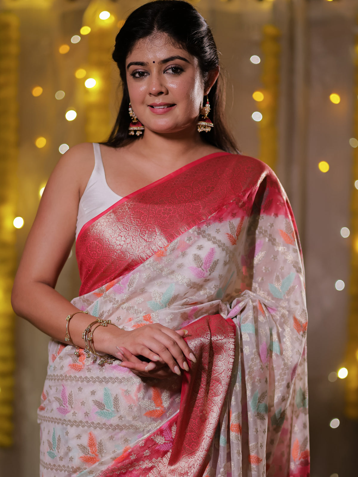 Banarasi Cotton Silk Saree with Zari Weaving & Contrast Border- White & Red