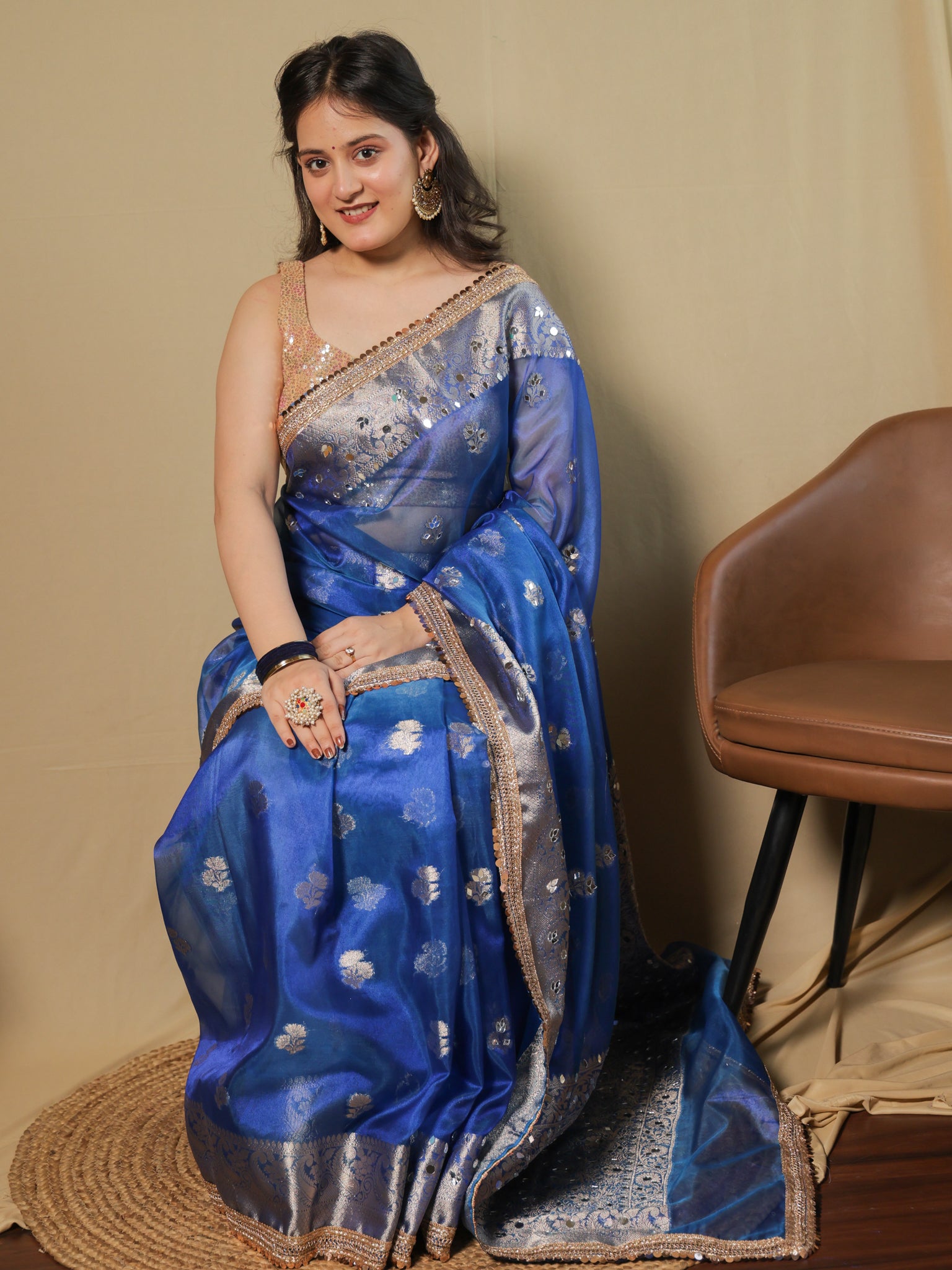 Banarasi Tissue Saree With Mirror Work & Lace Border- Blue