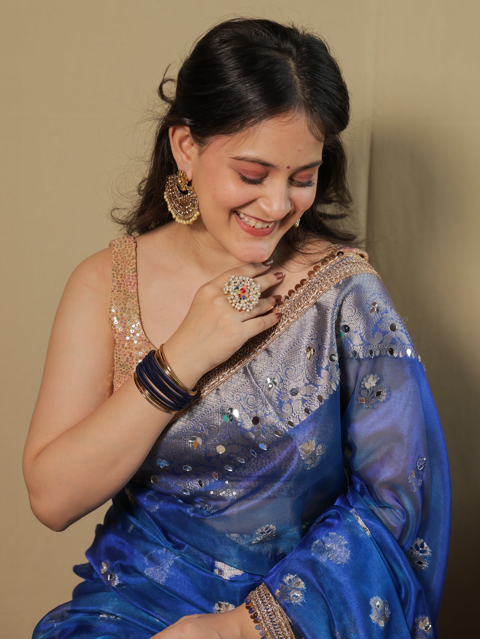 Banarasi Tissue Saree With Mirror Work & Lace Border- Blue