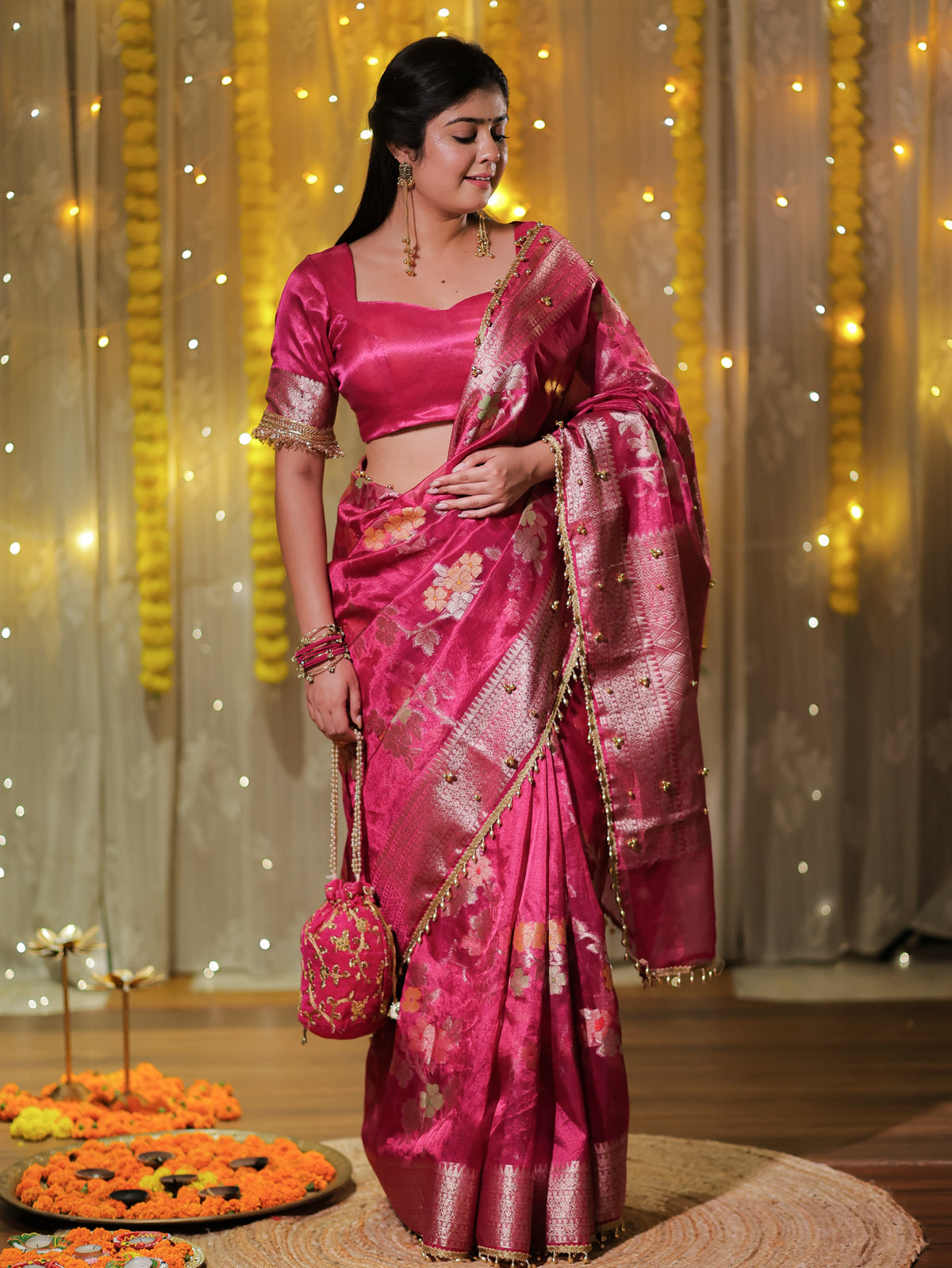 Banarasi Tissue Saree With Floral Weaving & Lace Border- Magenta