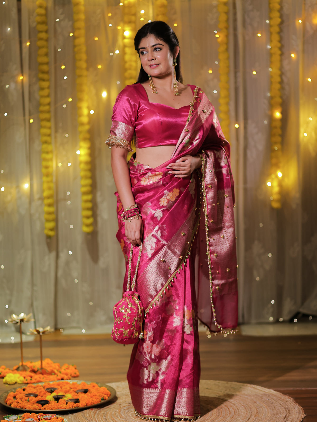 Banarasi Tissue Saree With Floral Weaving & Lace Border- Magenta