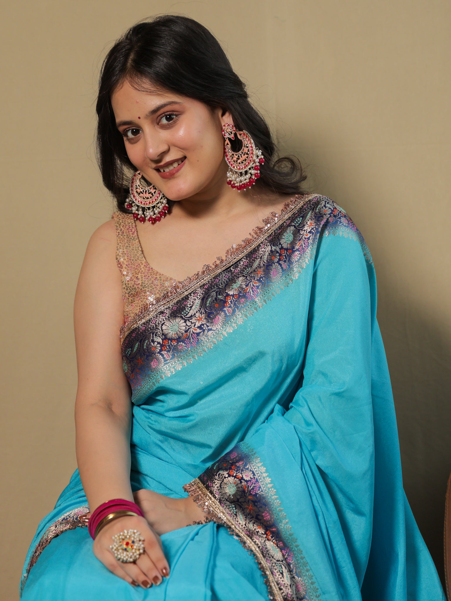 Banarasi Plain Semi Silk Saree With Lace Border - Aqua Blue