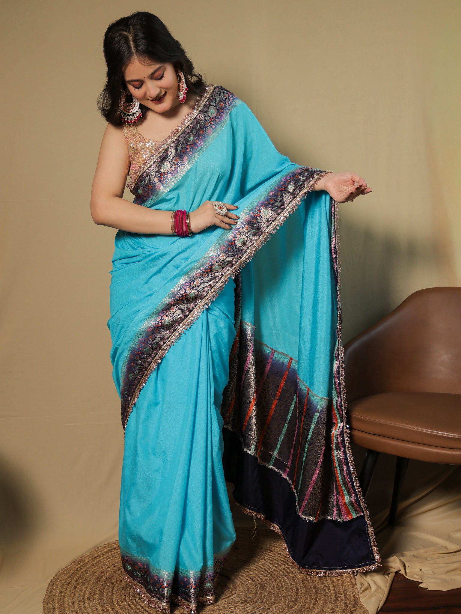 Banarasi Plain Semi Silk Saree With Lace Border - Aqua Blue