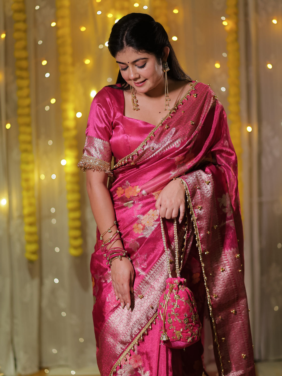 Banarasi Tissue Saree With Floral Weaving & Lace Border- Magenta