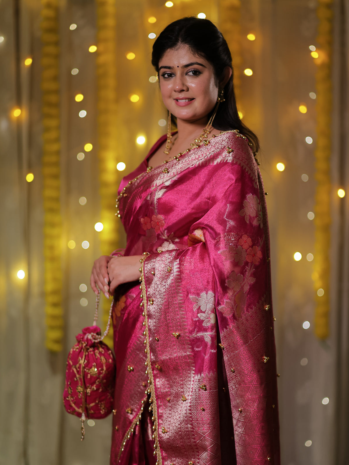 Banarasi Tissue Saree With Floral Weaving & Lace Border- Magenta