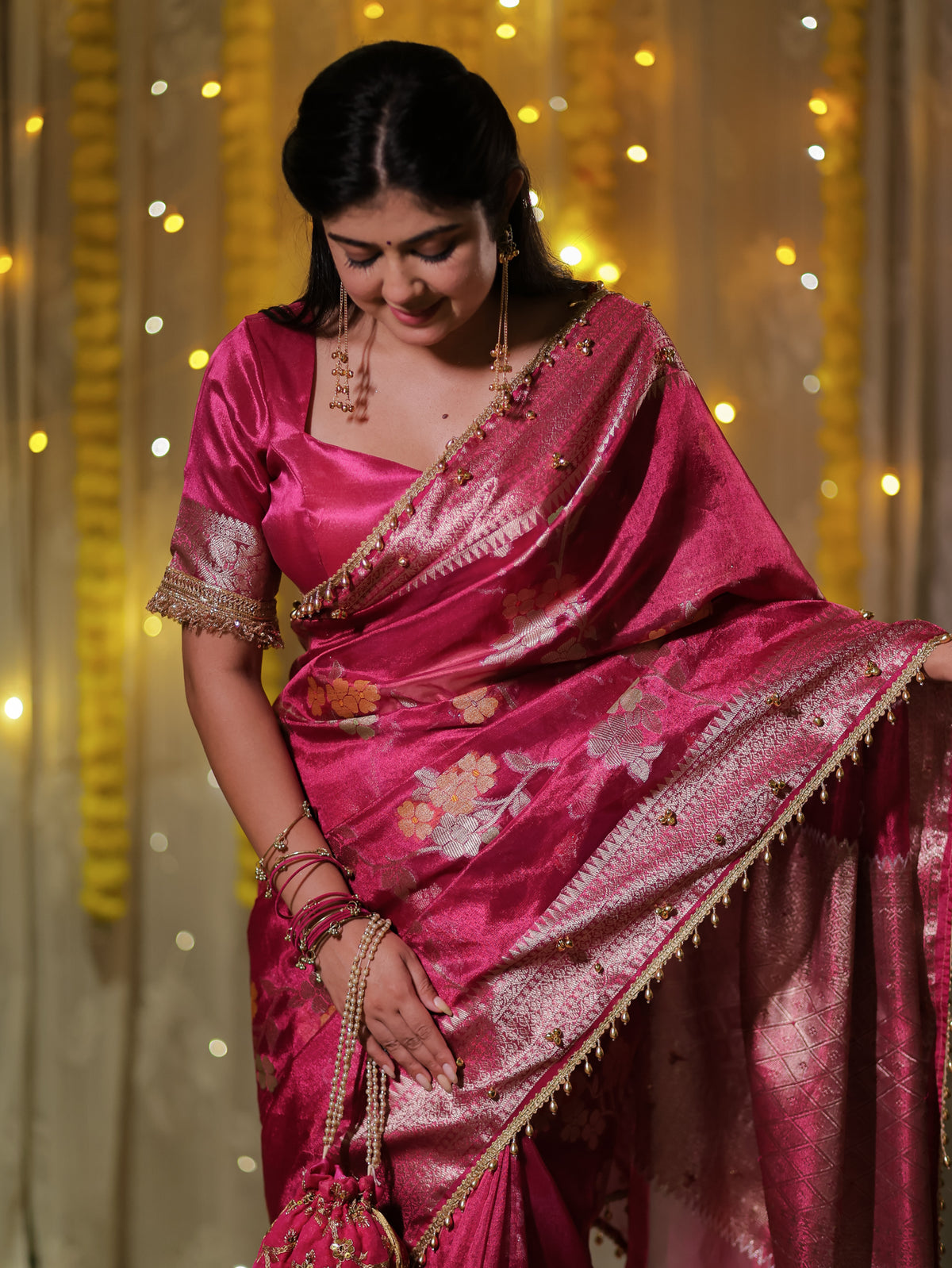 Banarasi Tissue Saree With Floral Weaving & Lace Border- Magenta