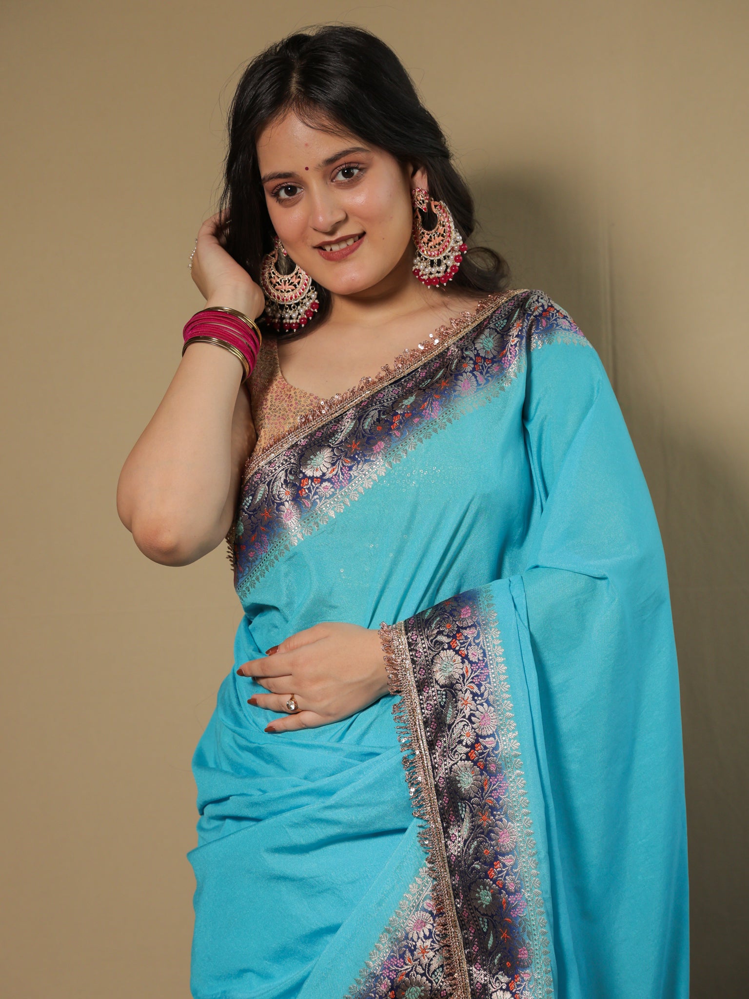 Banarasi Plain Semi Silk Saree With Lace Border - Aqua Blue