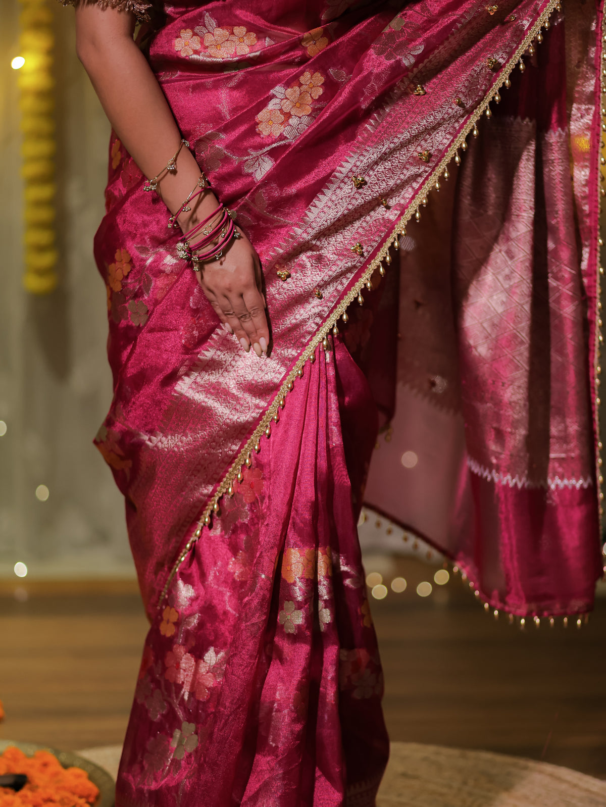 Banarasi Tissue Saree With Floral Weaving & Lace Border- Magenta