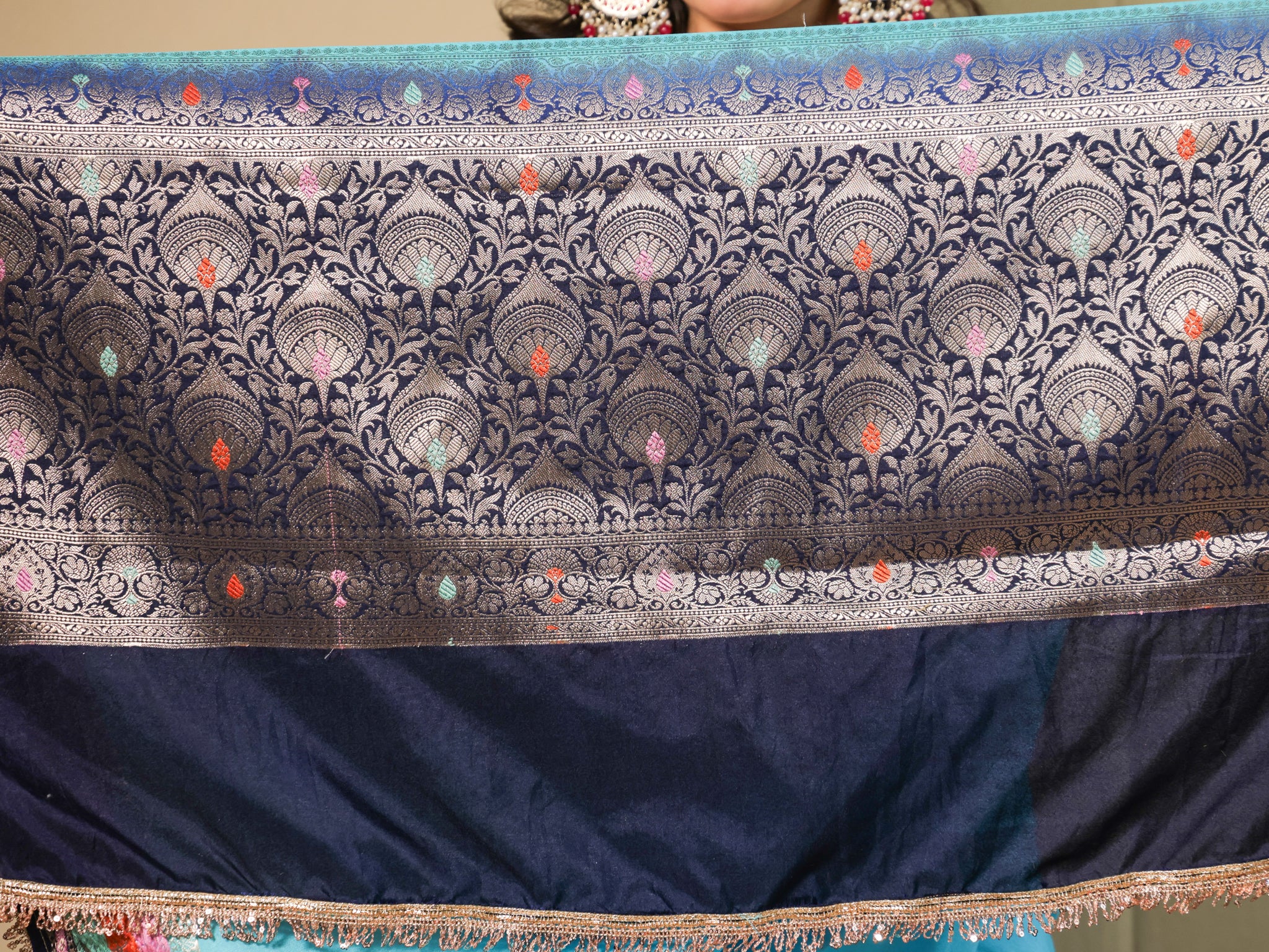 Banarasi Plain Semi Silk Saree With Lace Border - Aqua Blue