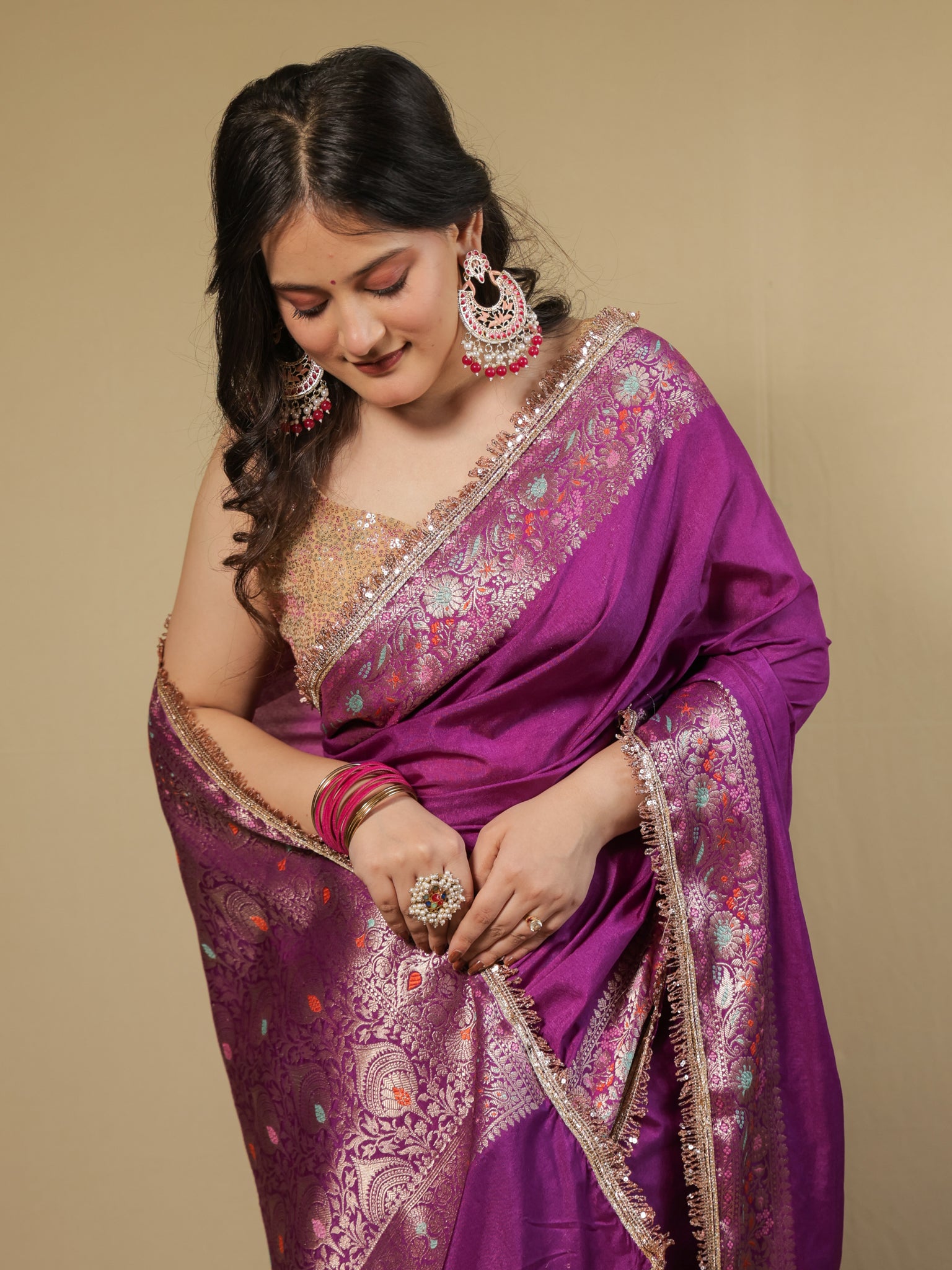 Banarasi Plain Semi Silk Saree With Lace Border - Purple