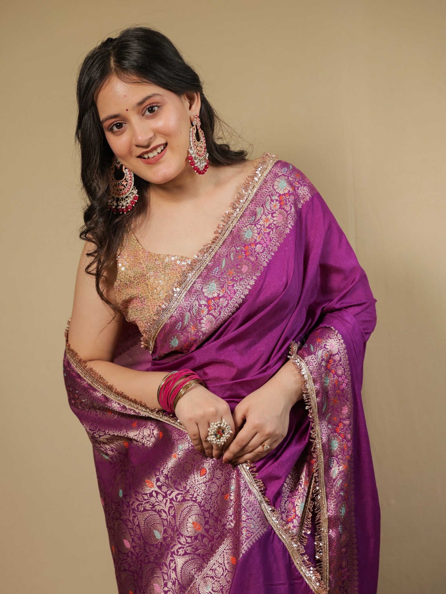 Banarasi Plain Semi Silk Saree With Lace Border - Purple