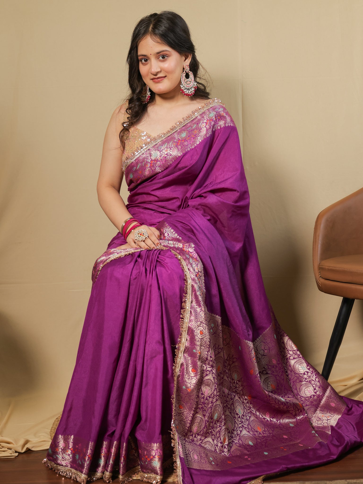 Banarasi Plain Semi Silk Saree With Lace Border - Purple