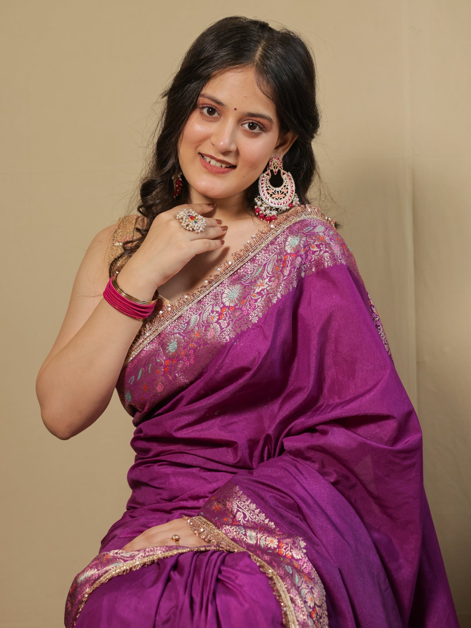 Banarasi Plain Semi Silk Saree With Lace Border - Purple