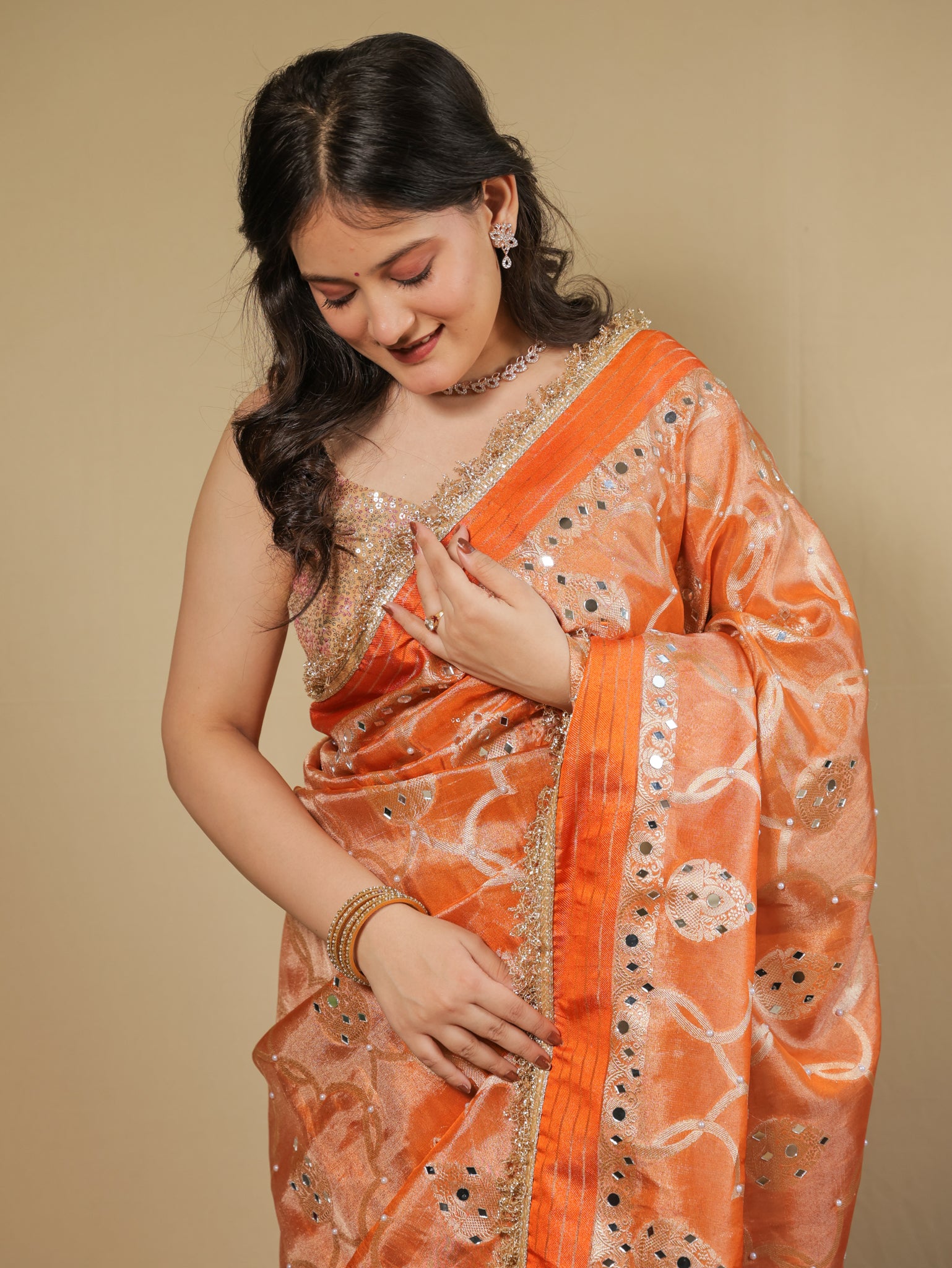 Banarasi Soft Tissue Saree With Mirror Work & Lace Border- Orange