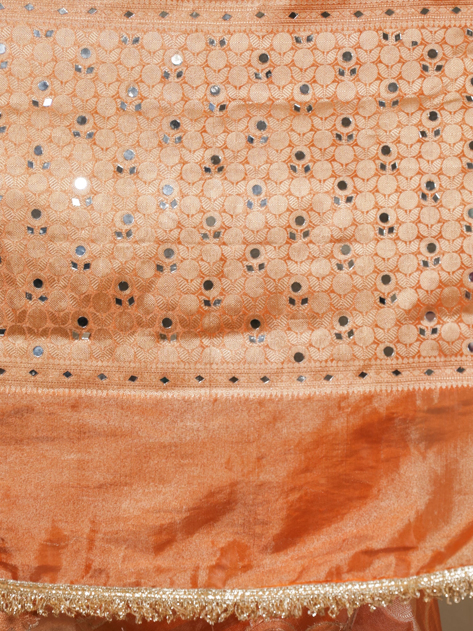 Banarasi Soft Tissue Saree With Mirror Work & Lace Border- Orange