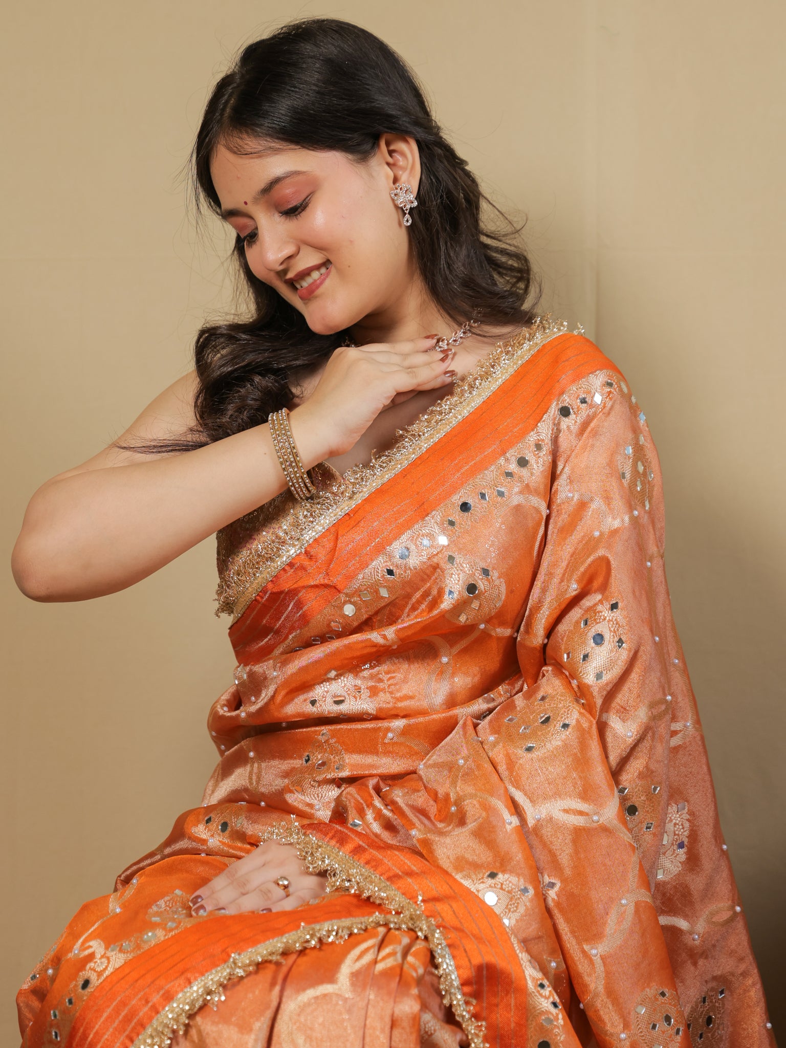 Banarasi Soft Tissue Saree With Mirror Work & Lace Border- Orange