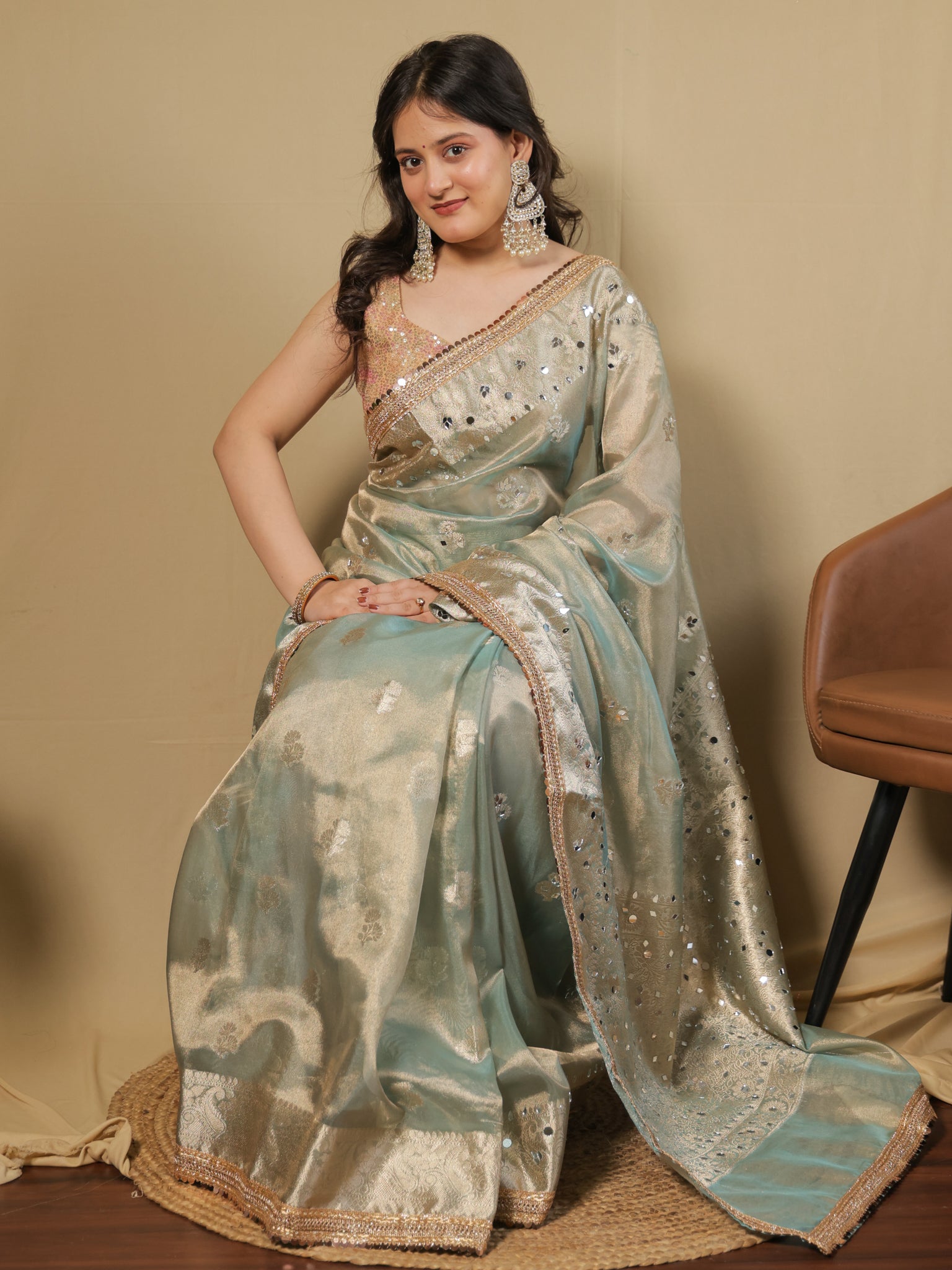 Banarasi Tissue Saree With Mirror Work & Lace Border- Pastel Blue