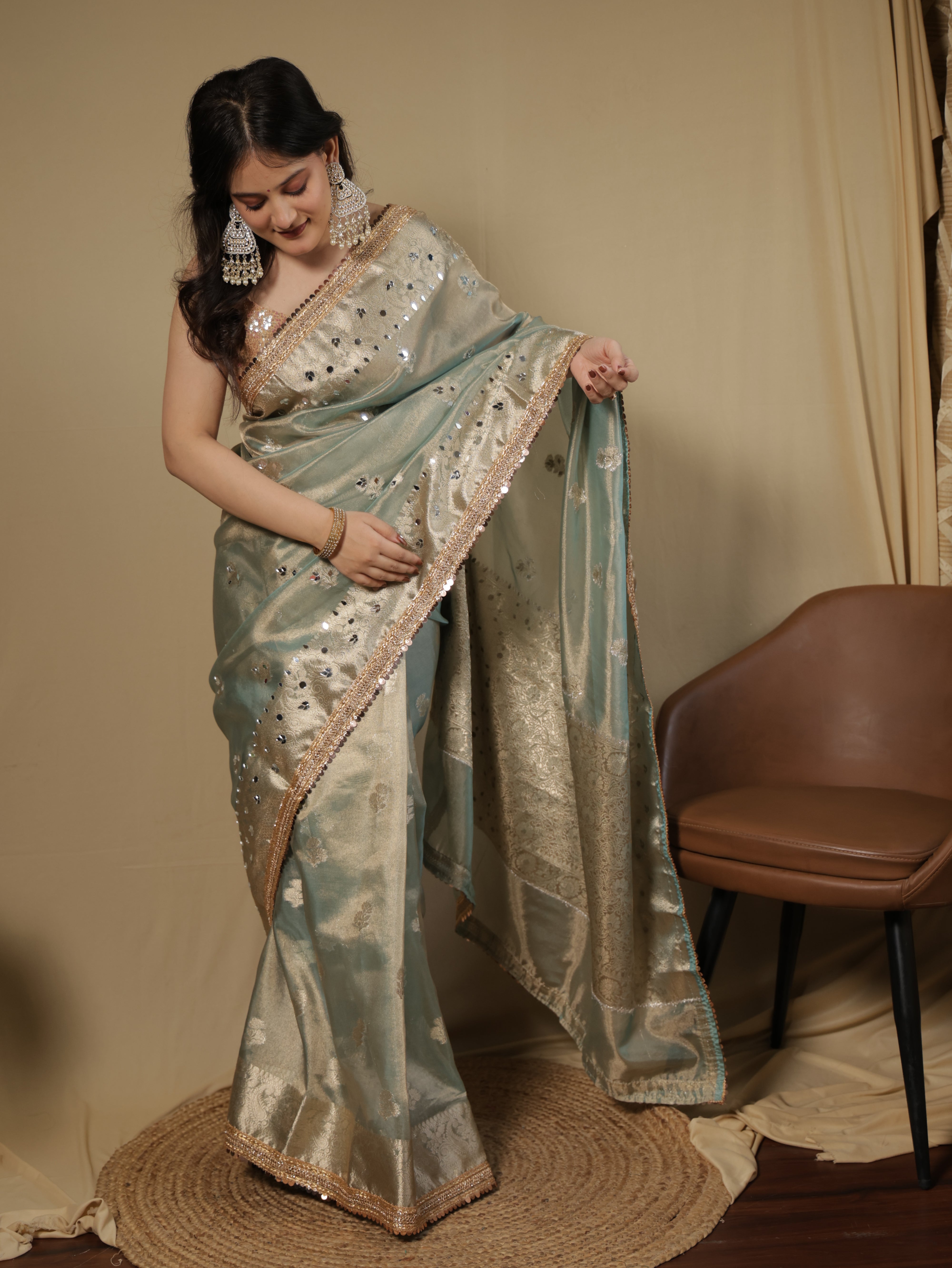 Banarasi Tissue Saree With Mirror Work & Lace Border- Pastel Blue