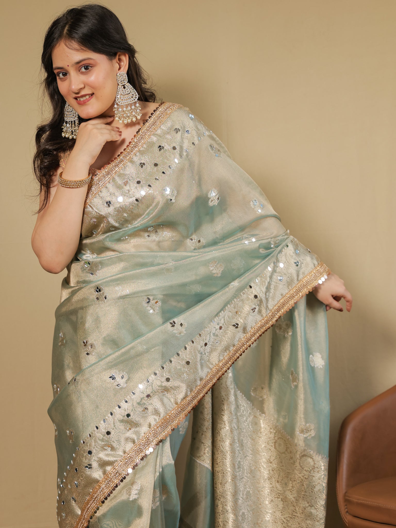 Banarasi Tissue Saree With Mirror Work & Lace Border- Pastel Blue