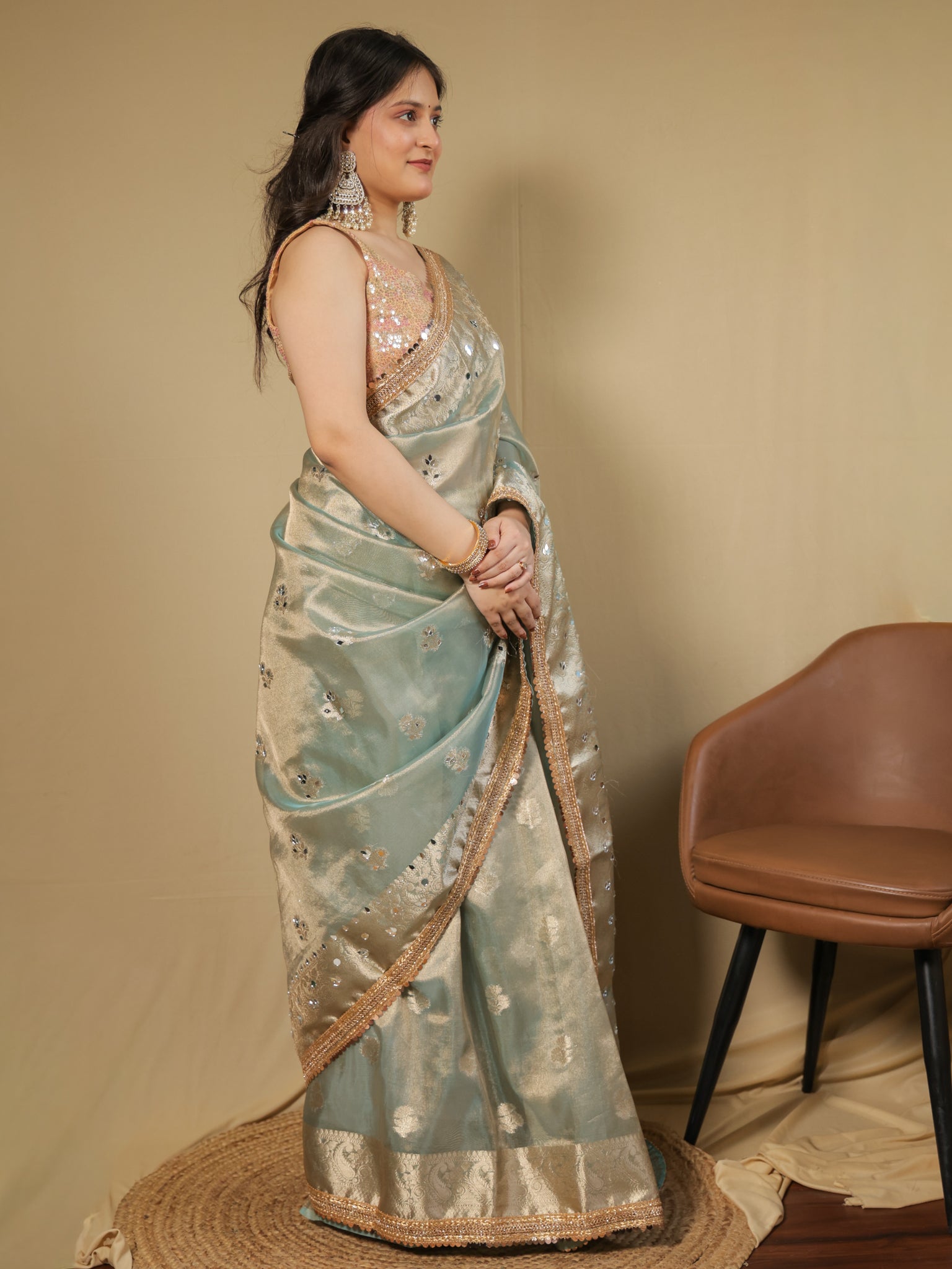 Banarasi Tissue Saree With Mirror Work & Lace Border- Pastel Blue