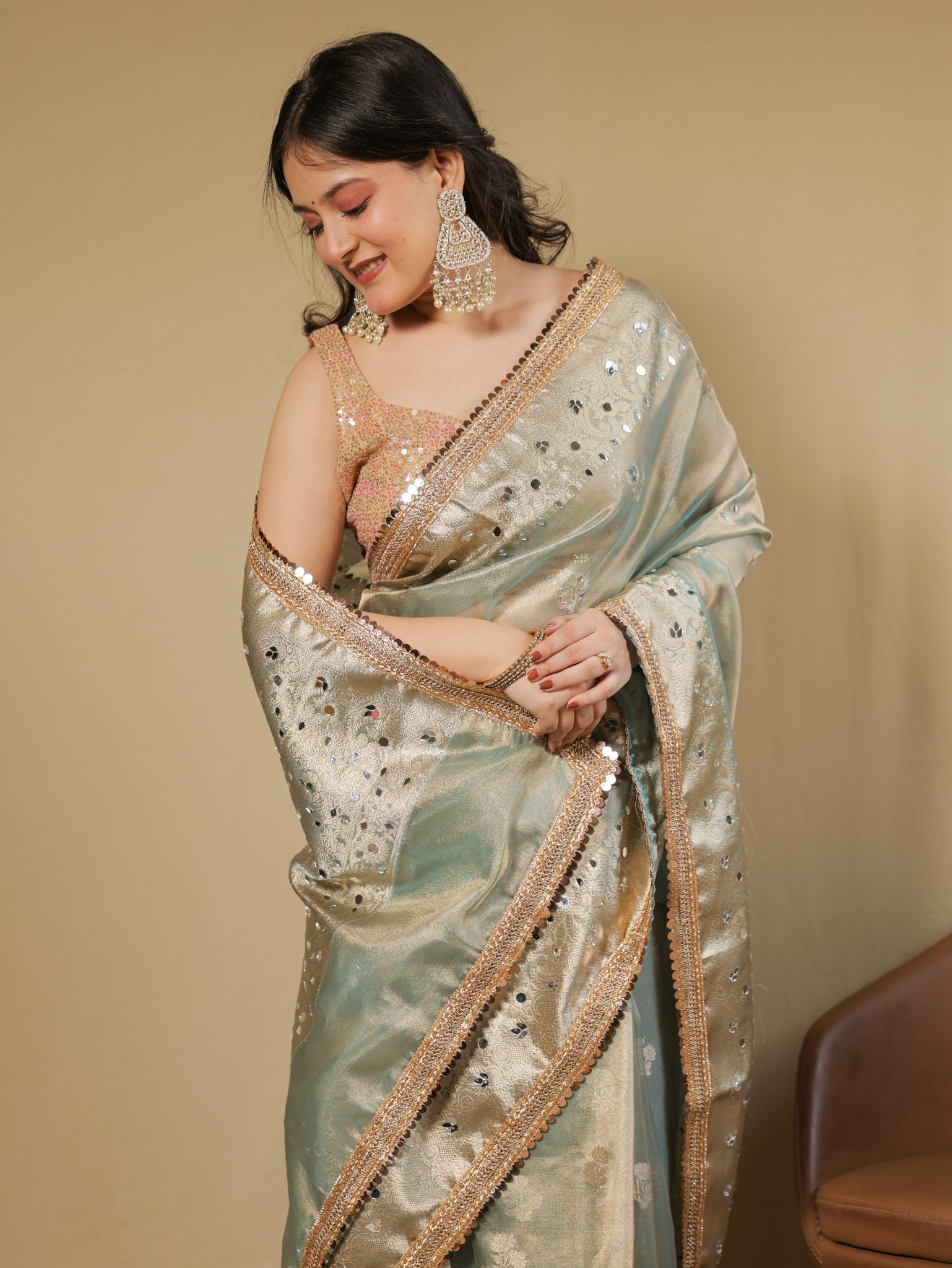 Banarasi Tissue Saree With Mirror Work & Lace Border- Pastel Blue