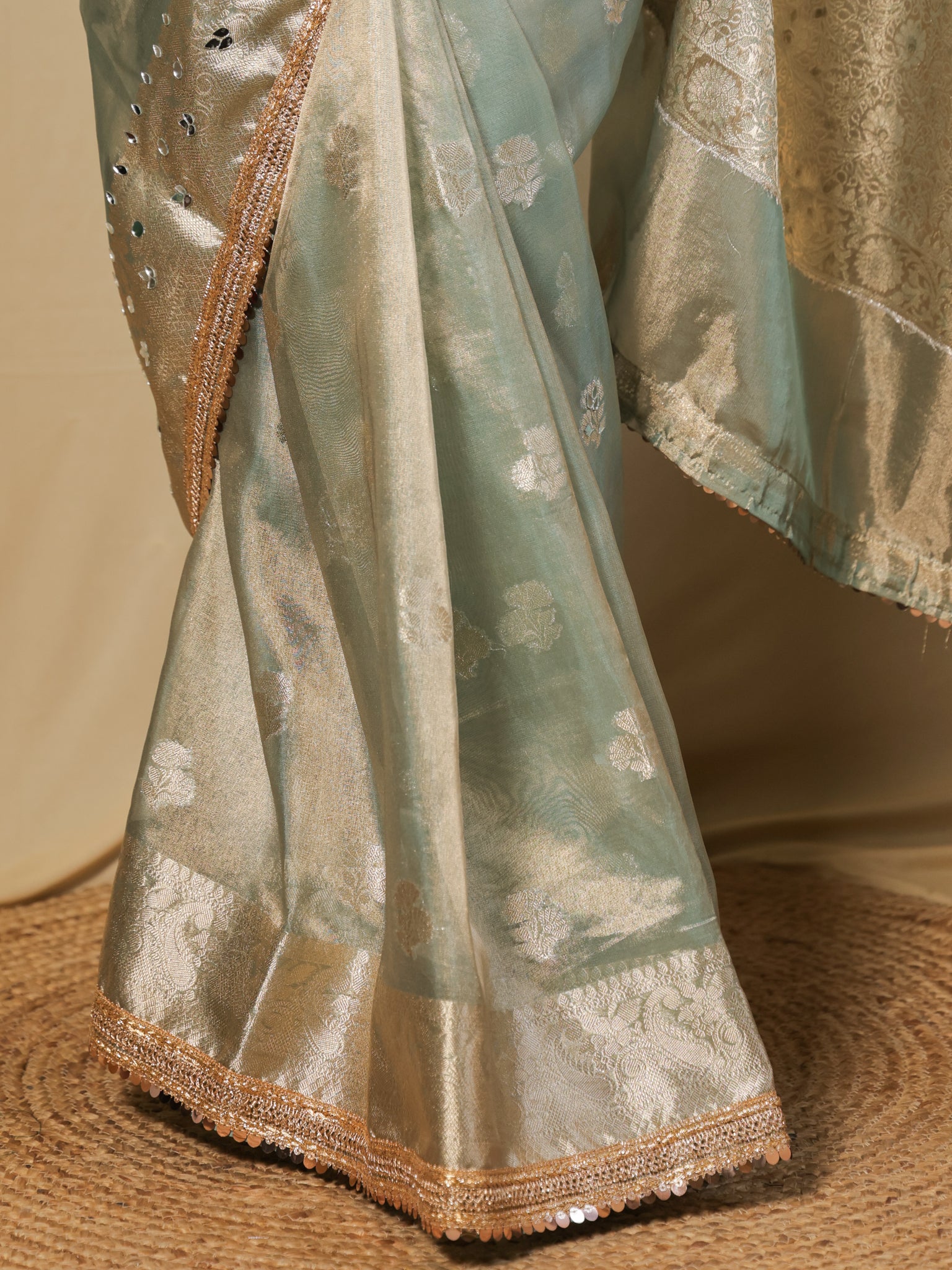 Banarasi Tissue Saree With Mirror Work & Lace Border- Pastel Blue